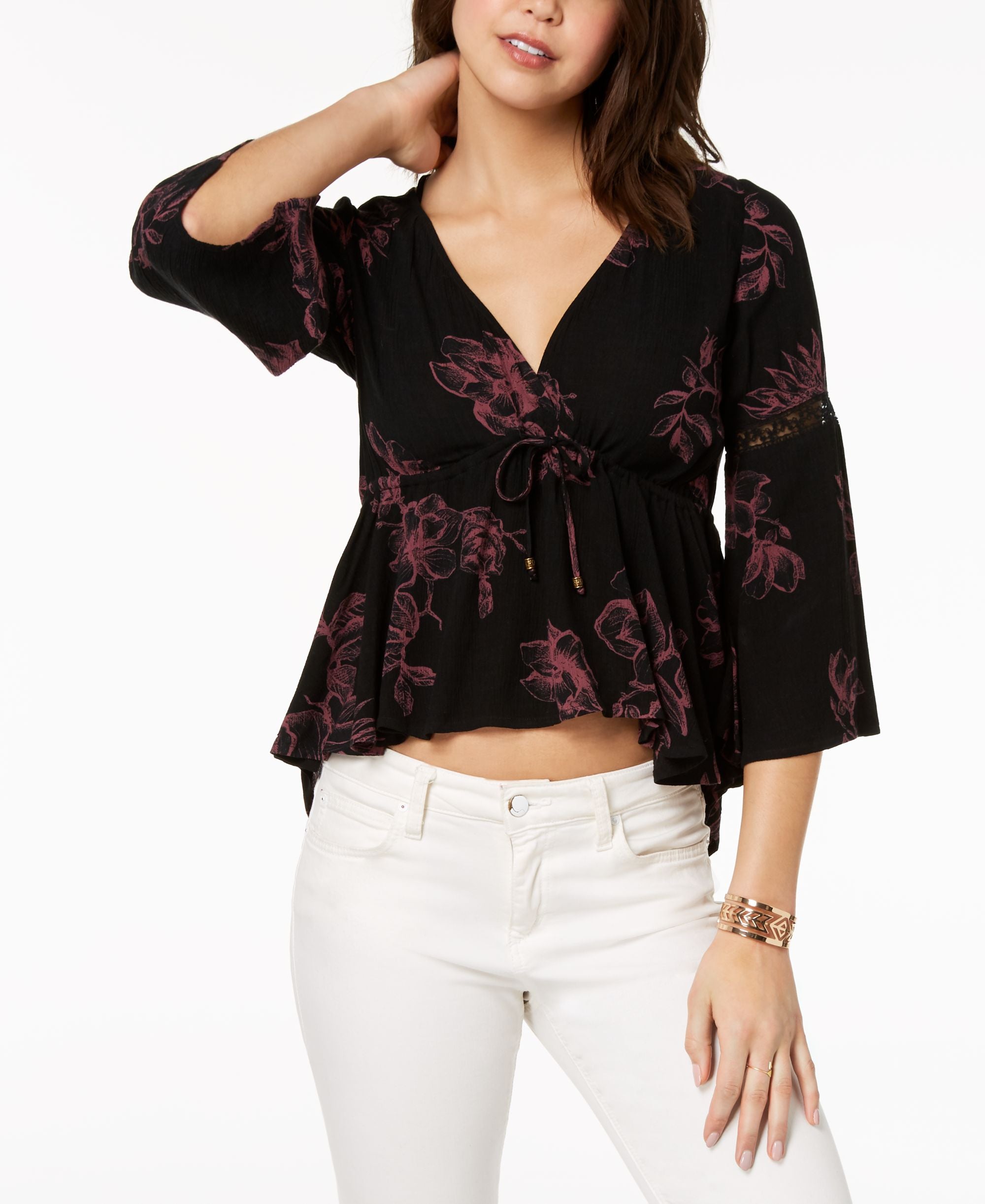 Juniors' Printed Lace-Trimmed Babydoll Top