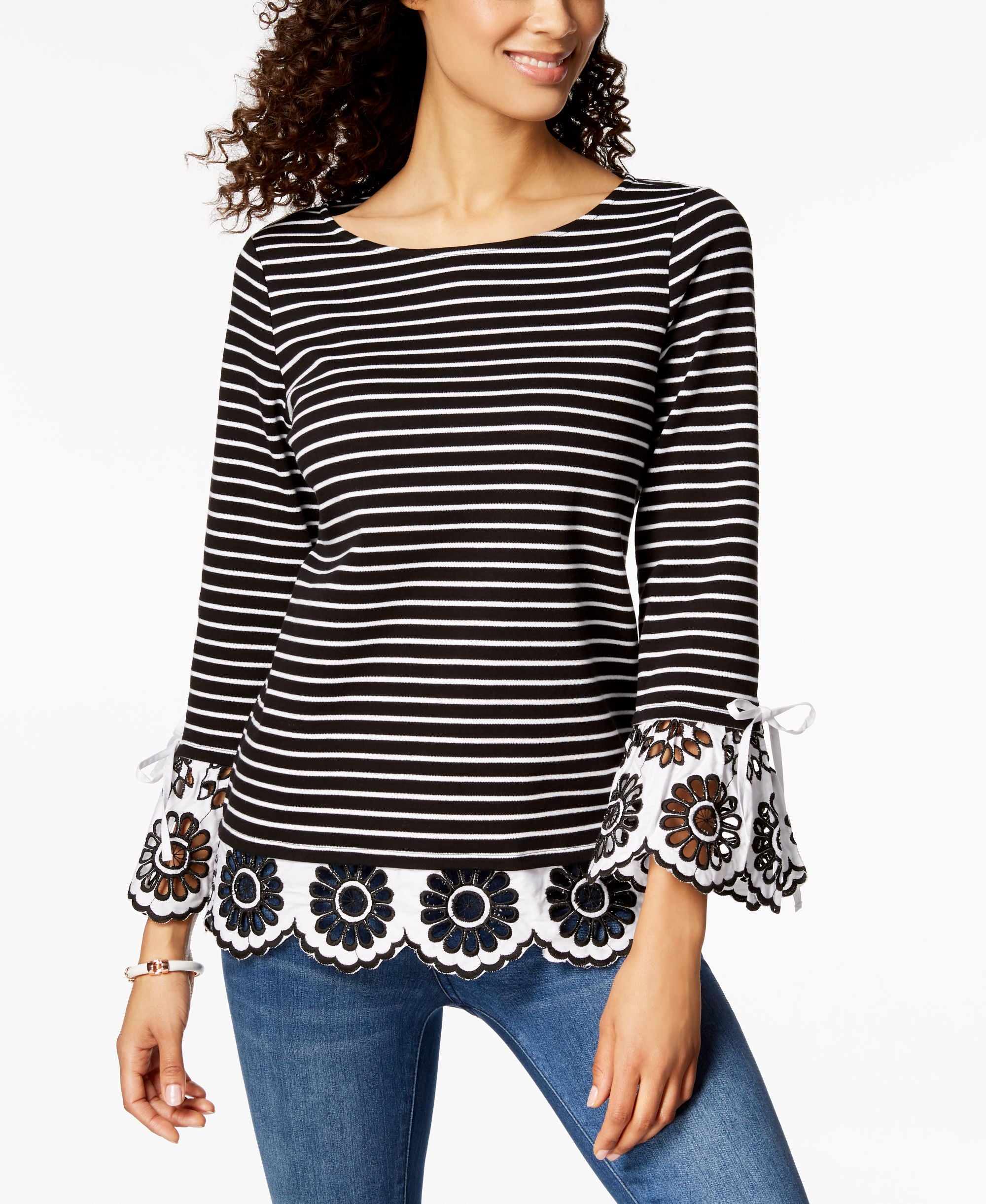 Charter Club Striped Eyelet Contrast Top