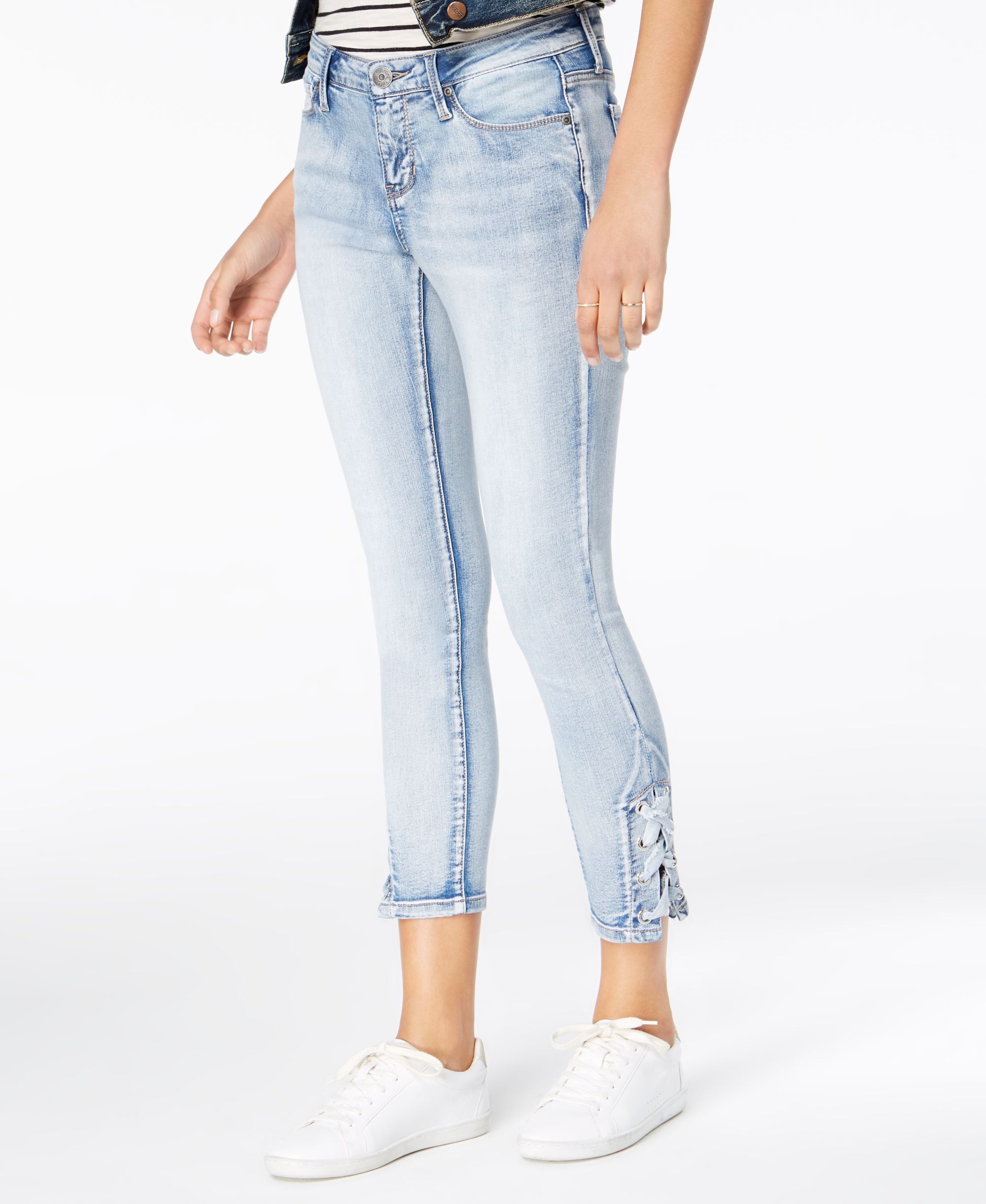 Blue Desire Juniors Lace Up Hem Skinny Jeans