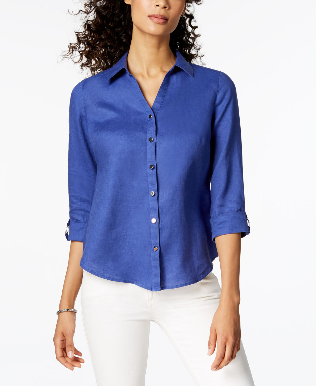 JM Collection Linen Roll Tab Shirt