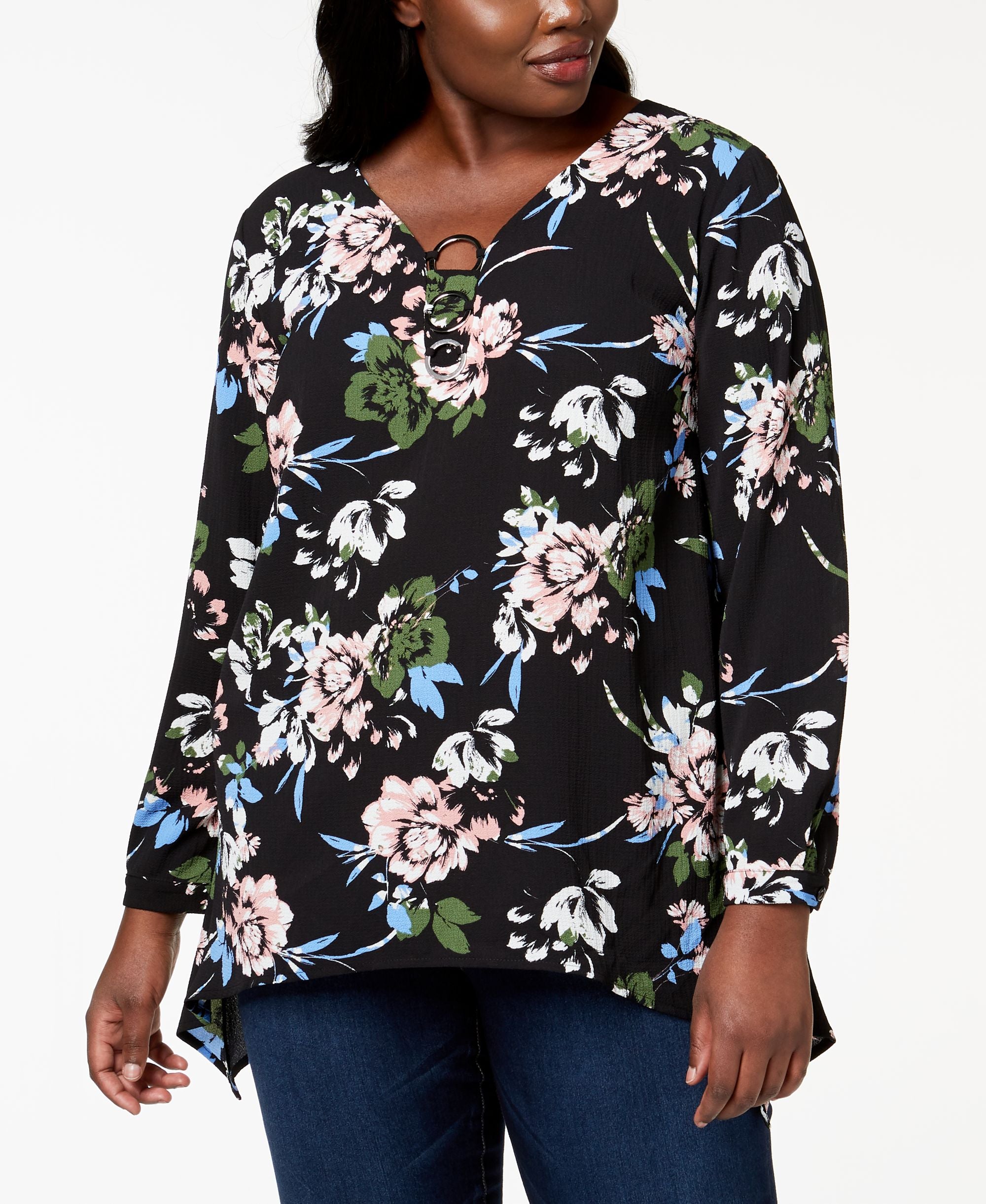 NY Collection Plus Size Printed Ring Hardware Top