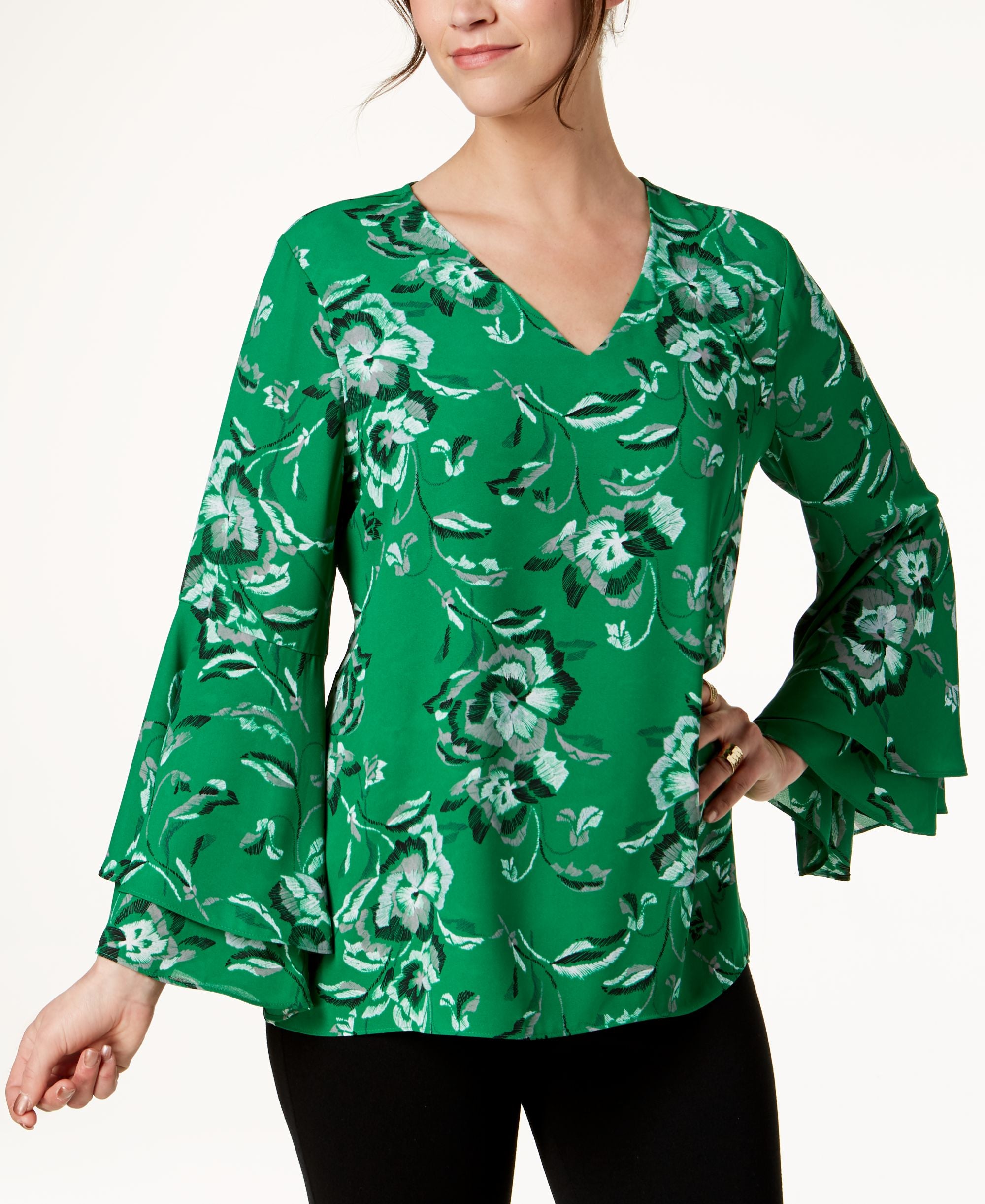 Alfani Printed V Neck Poet Sleeve Top