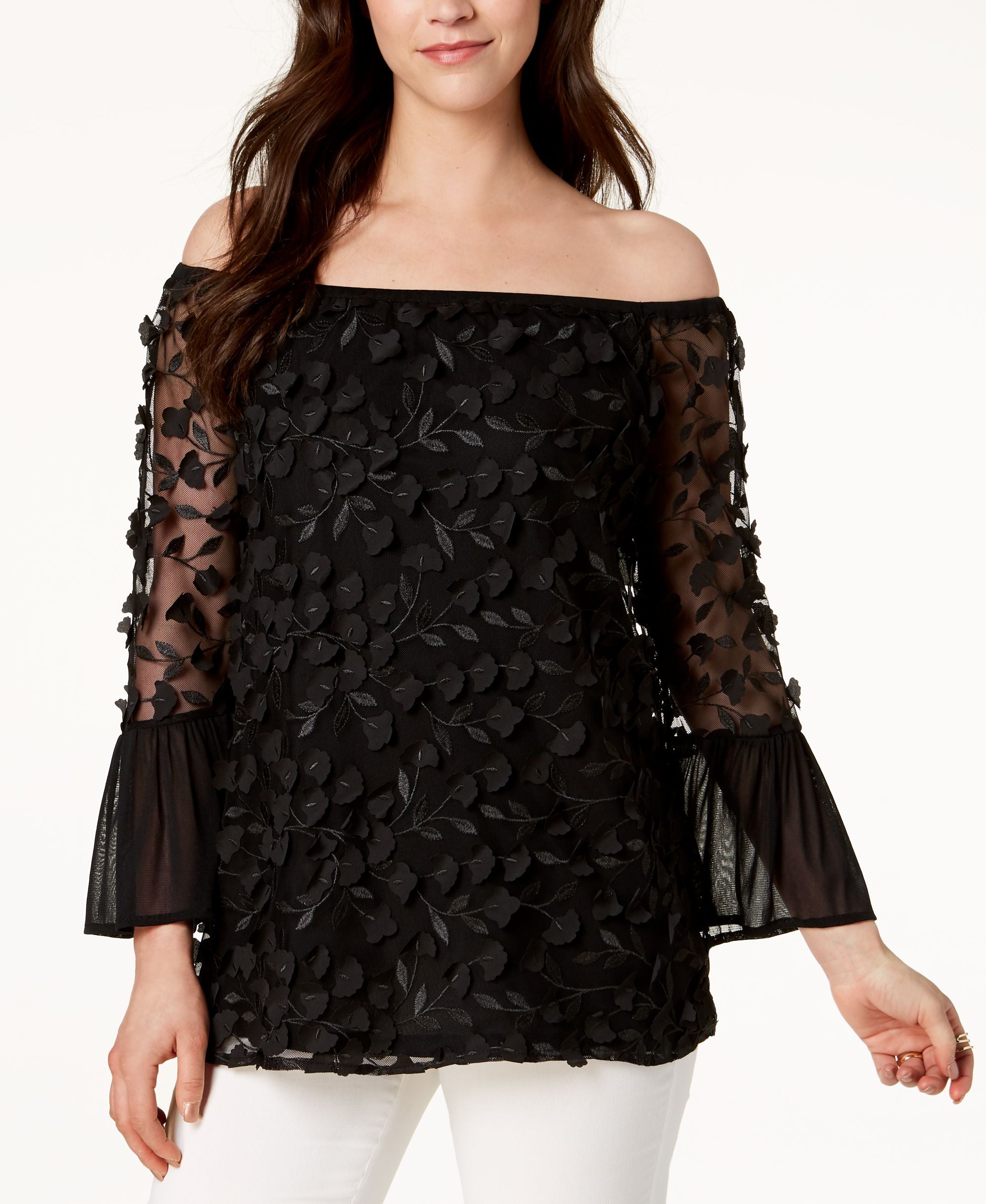 Alfani Floral Applique Bell Sleeve Top