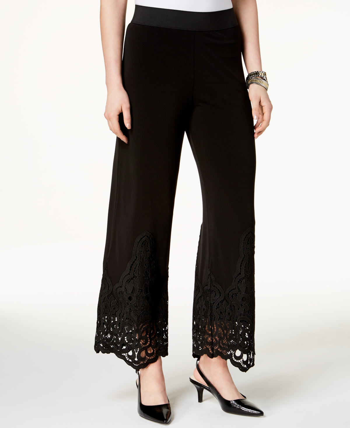 Alfani Lace-Trim Pull-On Pants Deep Black L