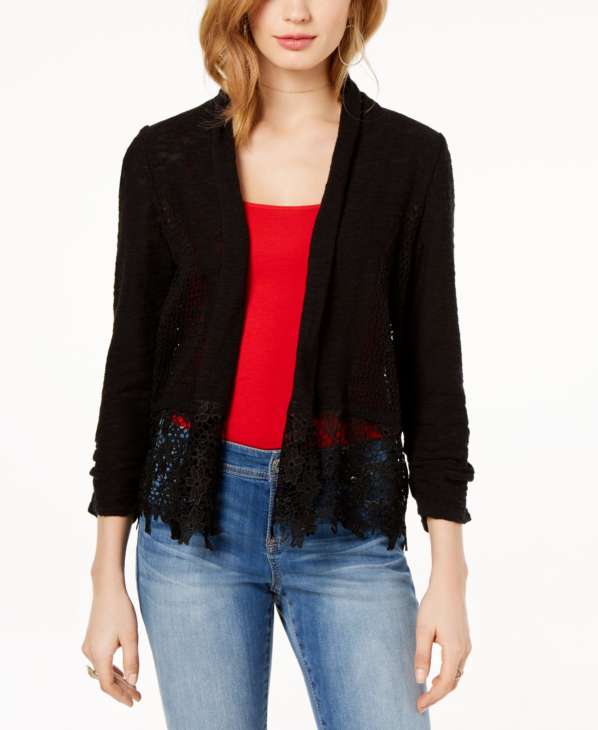 Lace Trim Open Front Topper Cardigan
