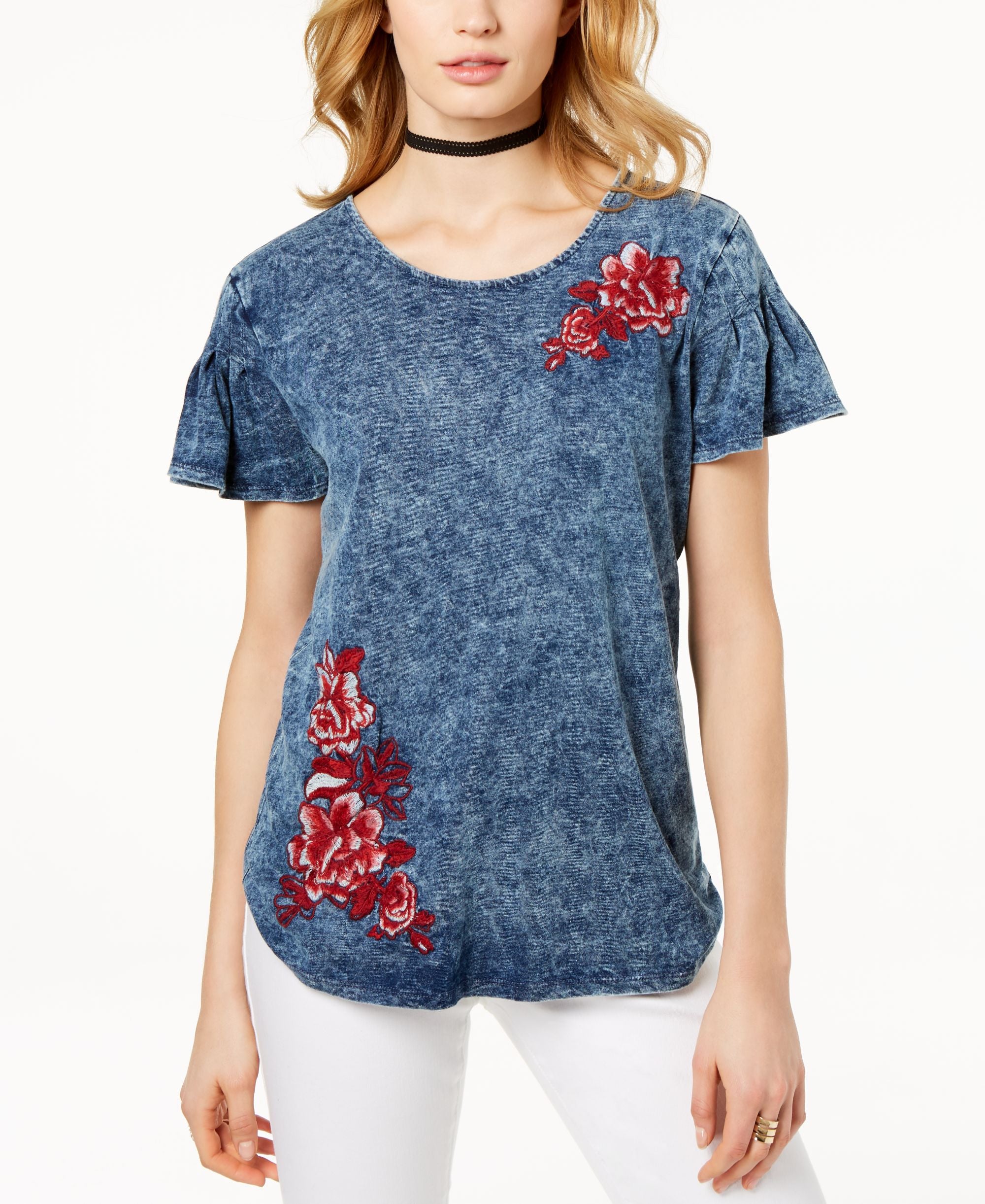 Embroidered Ruffle Sleeve Top