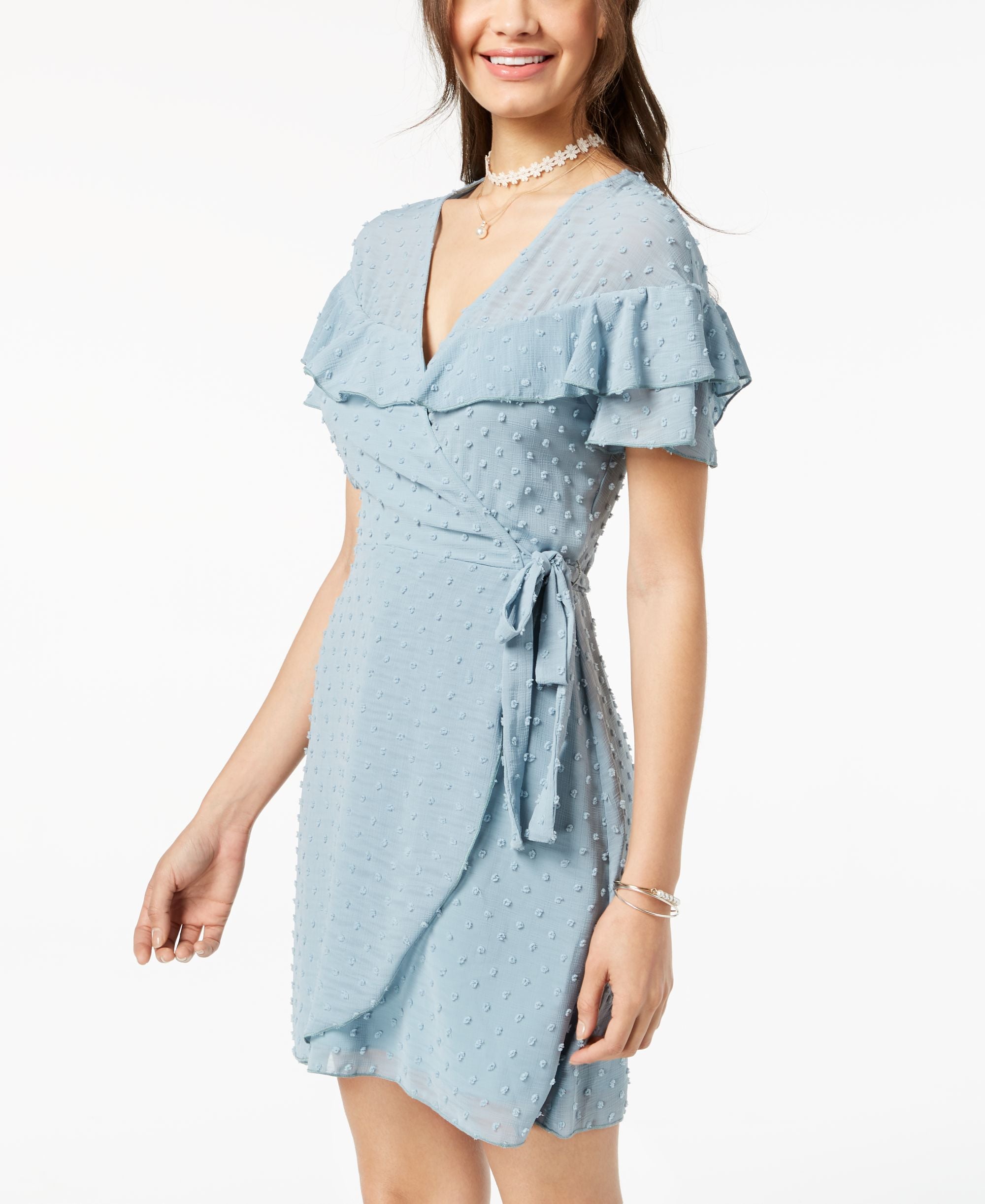 Teeze Me Juniors Ruffled Clip Dot Faux Wrap Dress