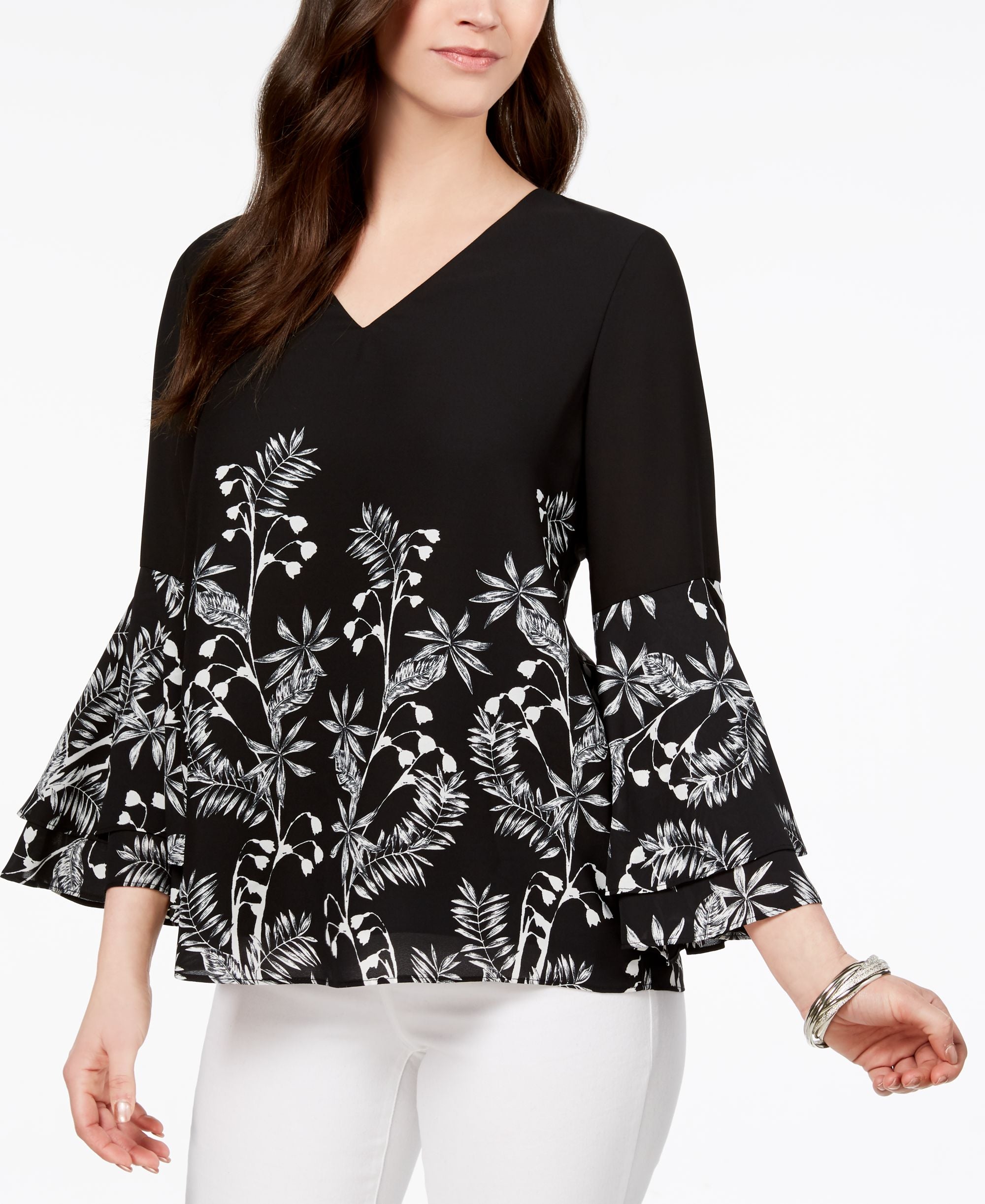 Alfani Printed V Neck Poet Sleeve Top