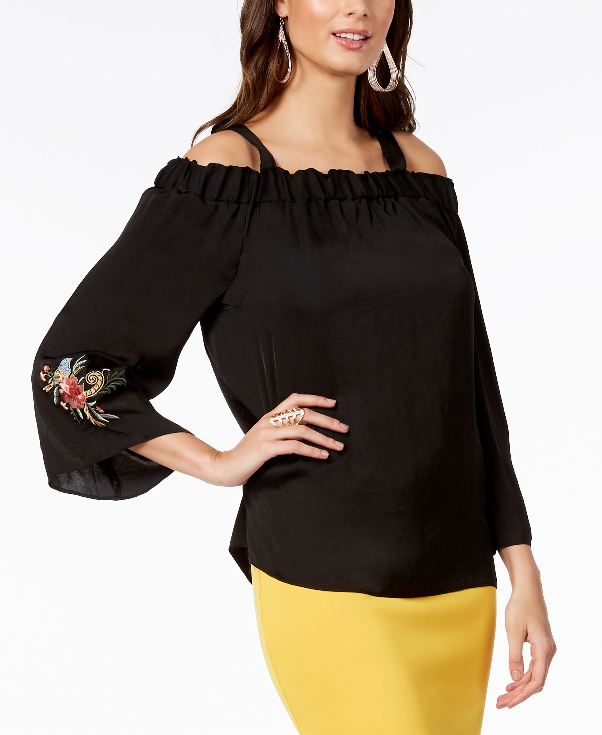 Thalia Sodi Off The Shoulder Embroidered Sleeve Top