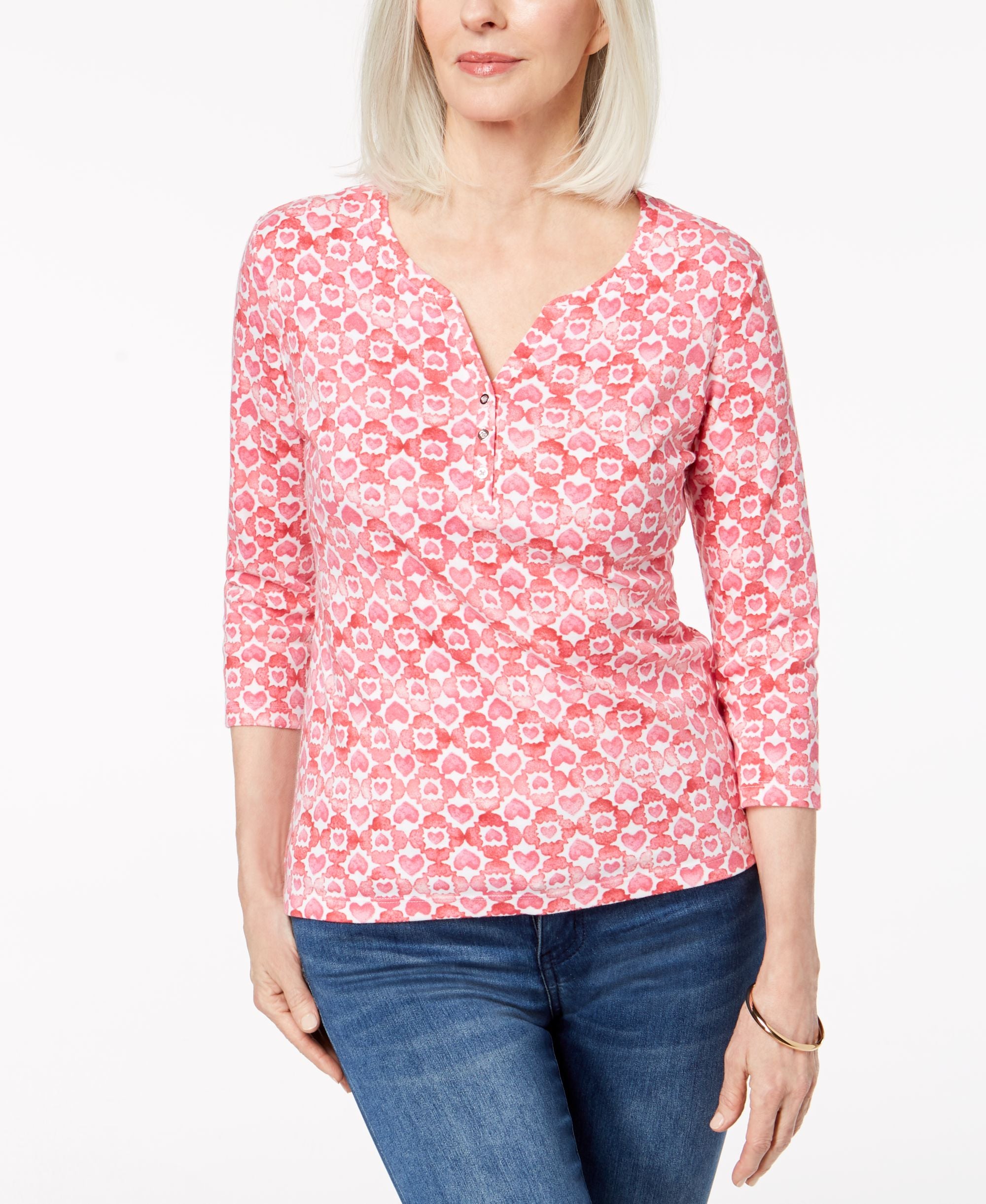 Karen Scott Petite Cotton Heart Print Henley T-Shirt
