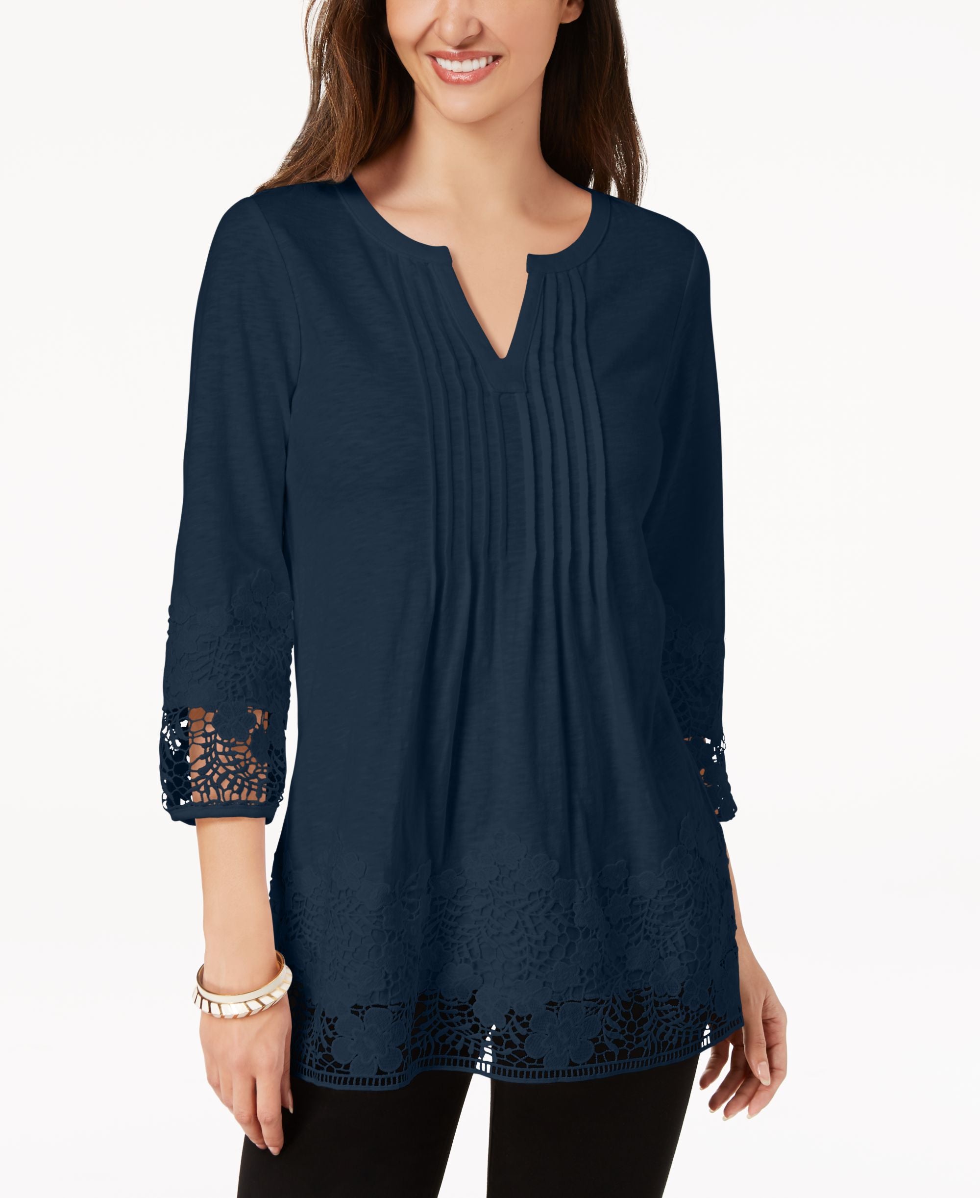 Charter Club Cotton Crocheted Trim Top