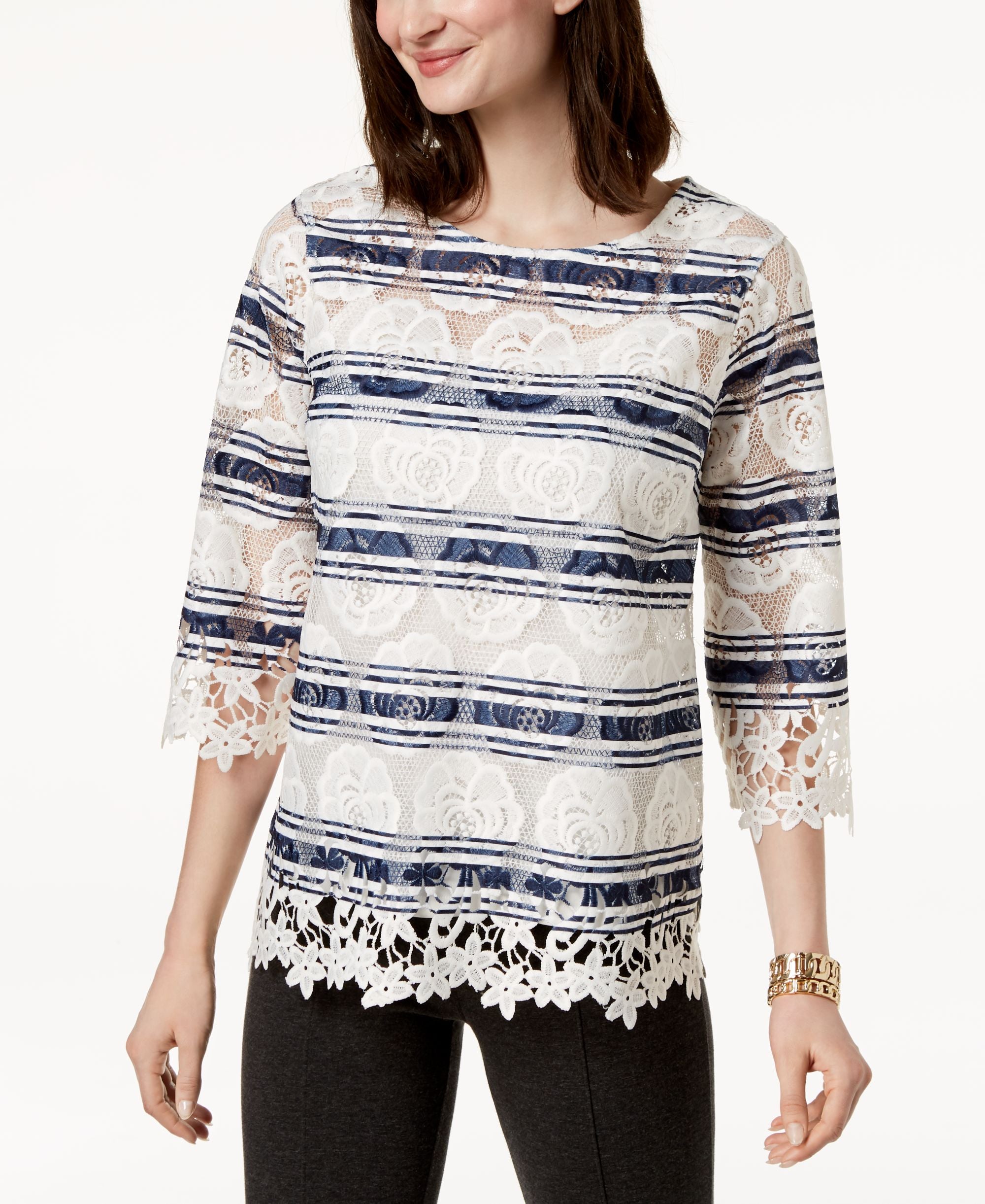 Charter Club Striped Lace Top