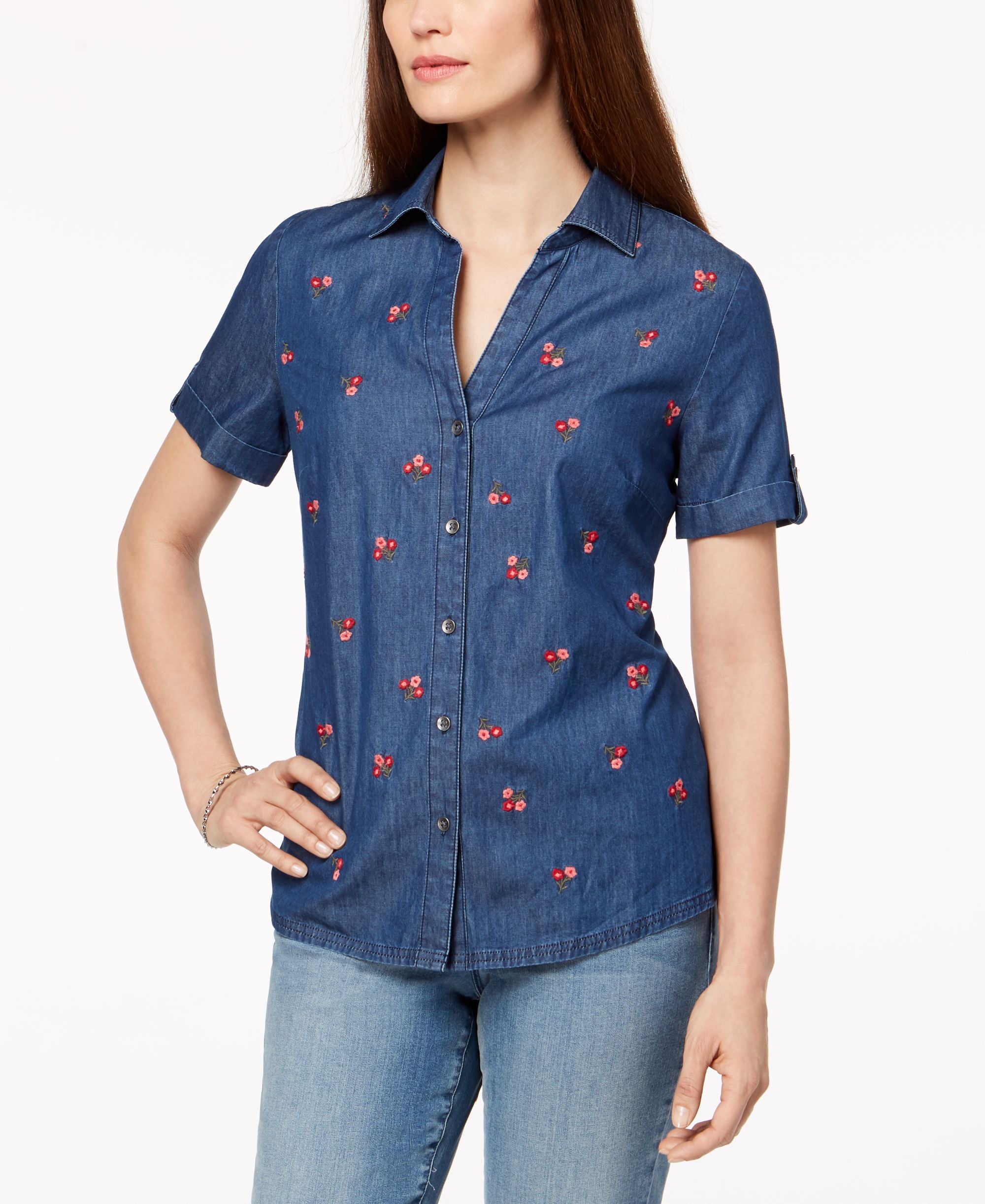 Karen Scott Cotton Embroidered Chambray Shirt