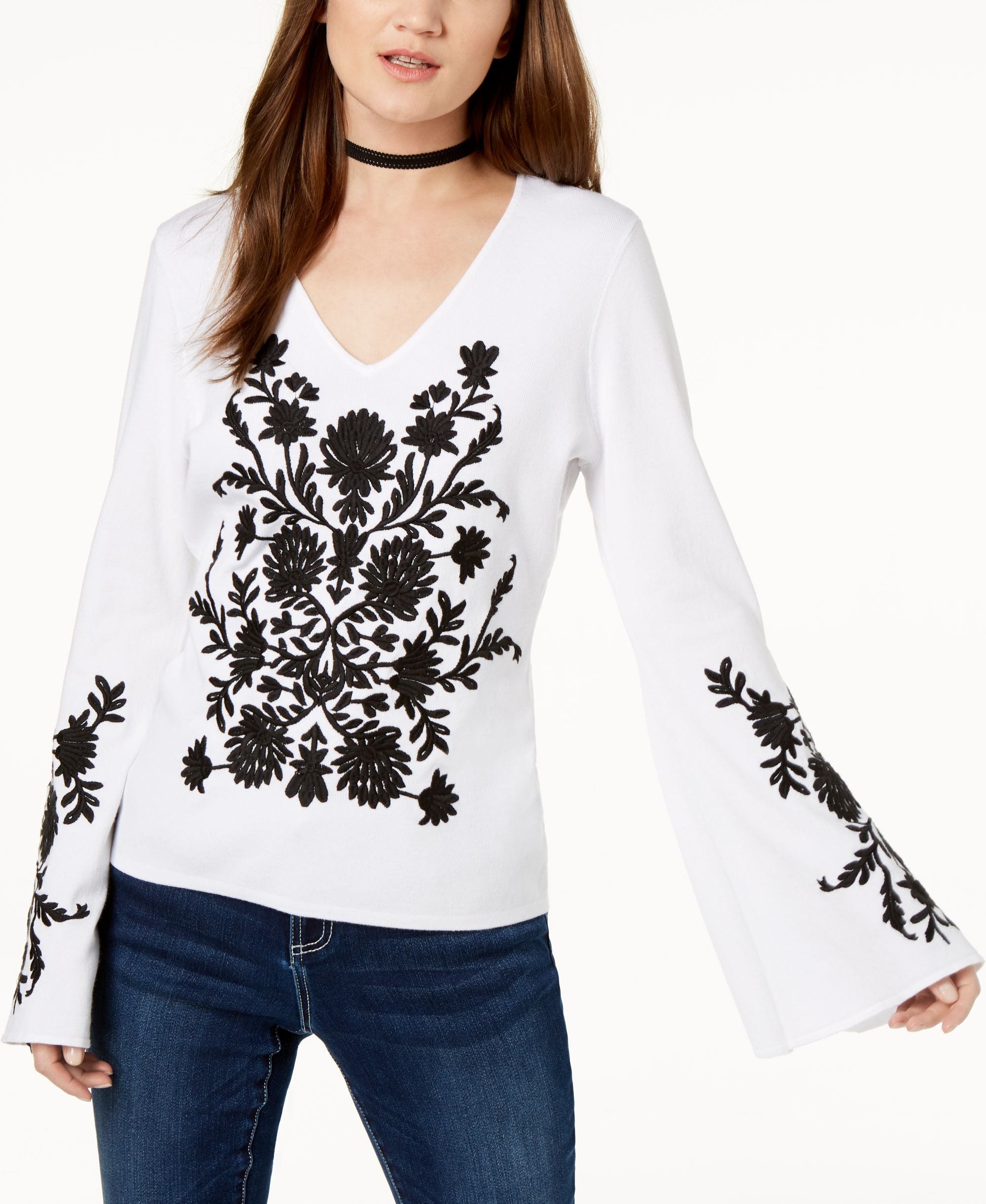 Embroidered Bell Sleeve Sweater