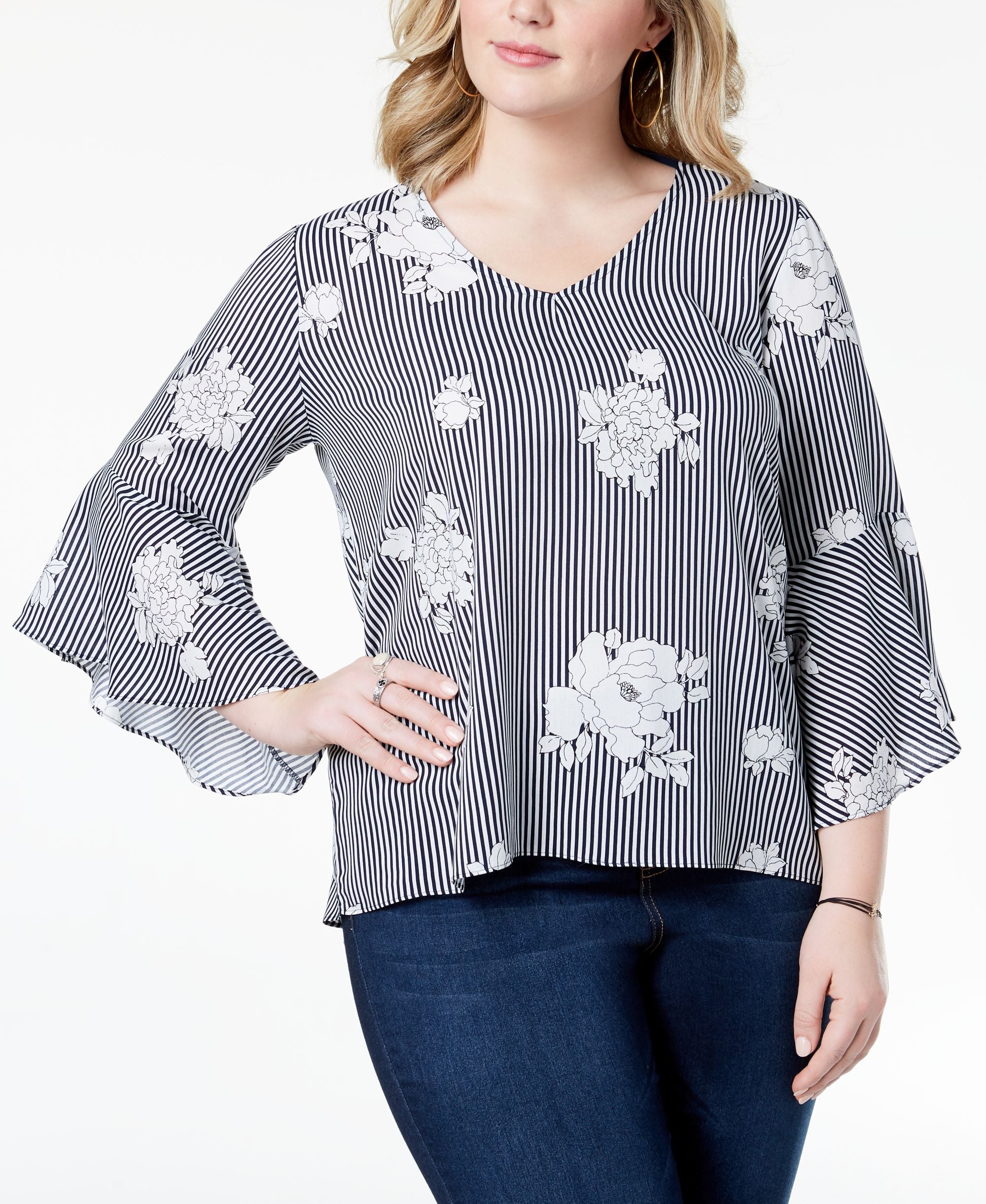 Ing Trendy Plus Size Printed Tie Back Bell Sleeve Top