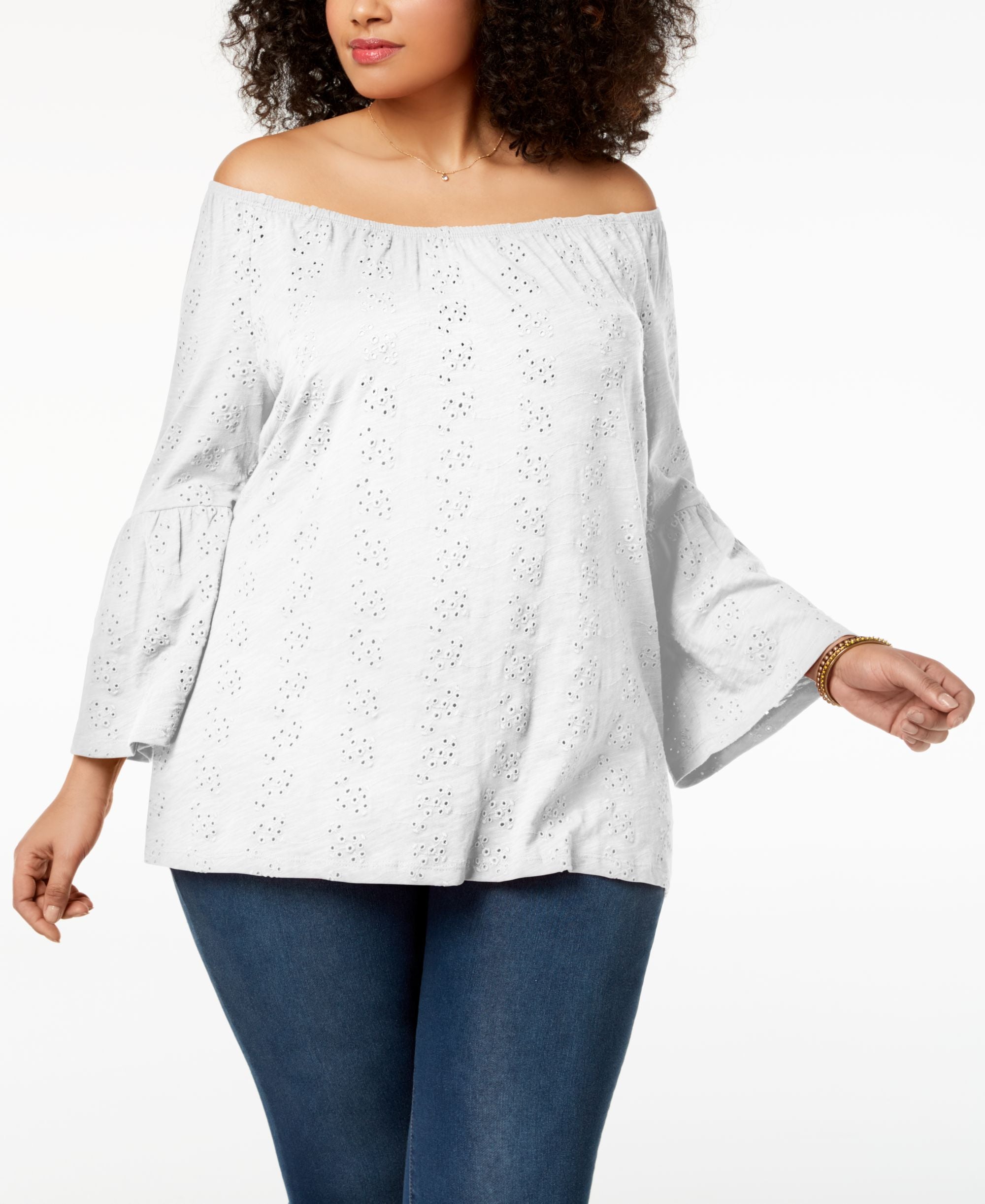 Style & Co Plus Size Cotton Eyelet Off The Shoulder Bell Sleeve Top