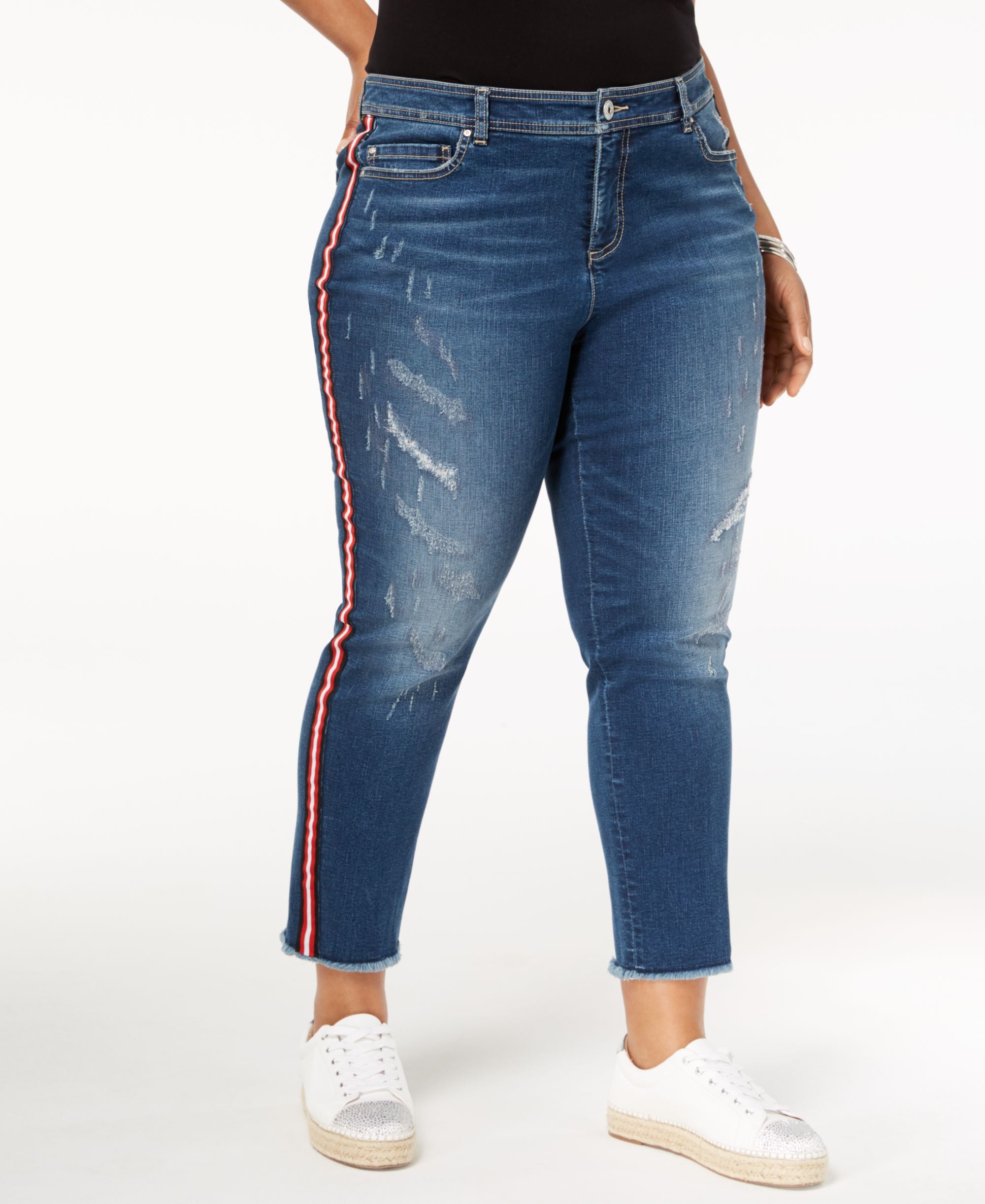I.N.C. Plus Size Cropped Racing-Stripe Jeans