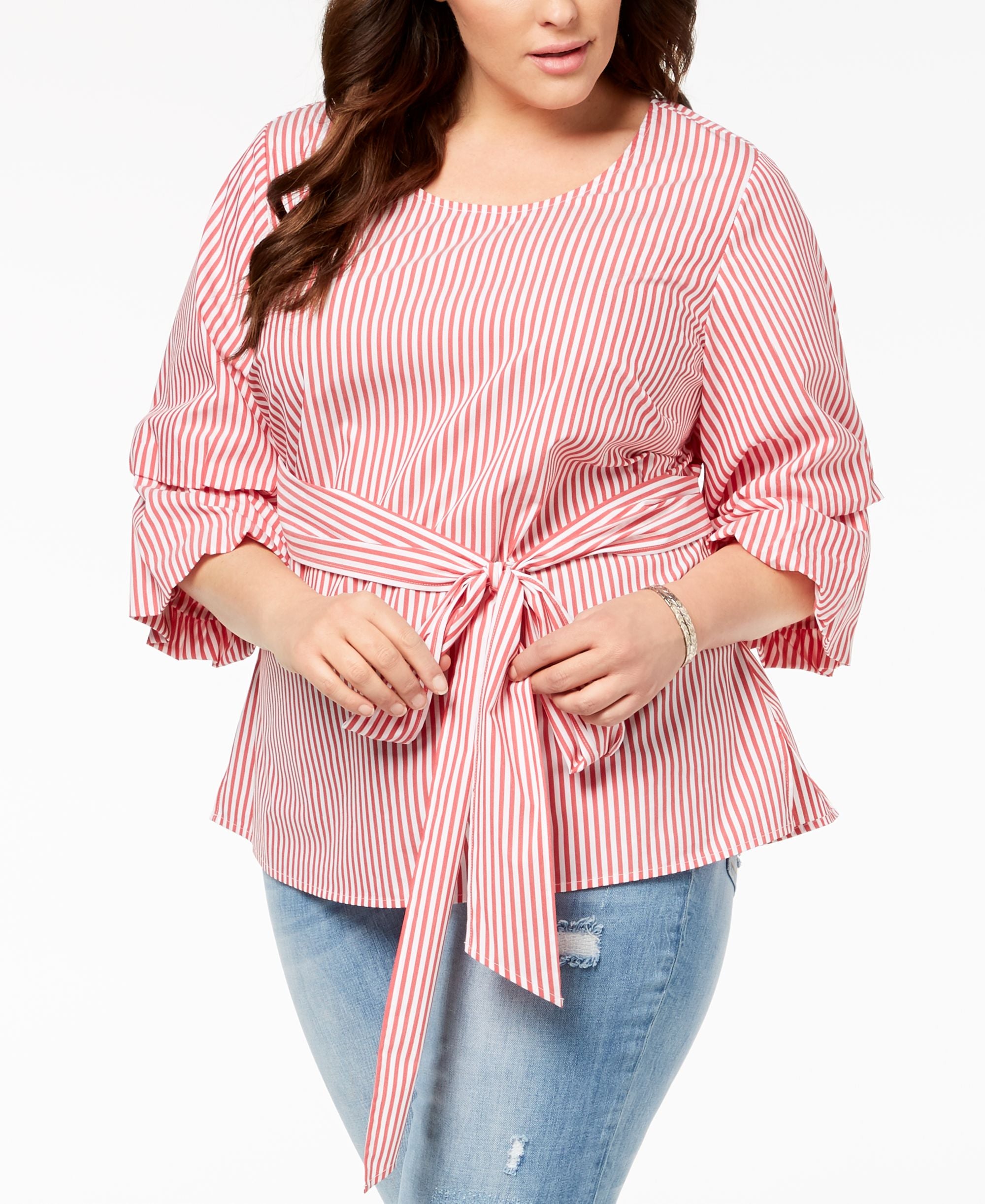 Plus Size Striped Tucked Sleeve Shirt