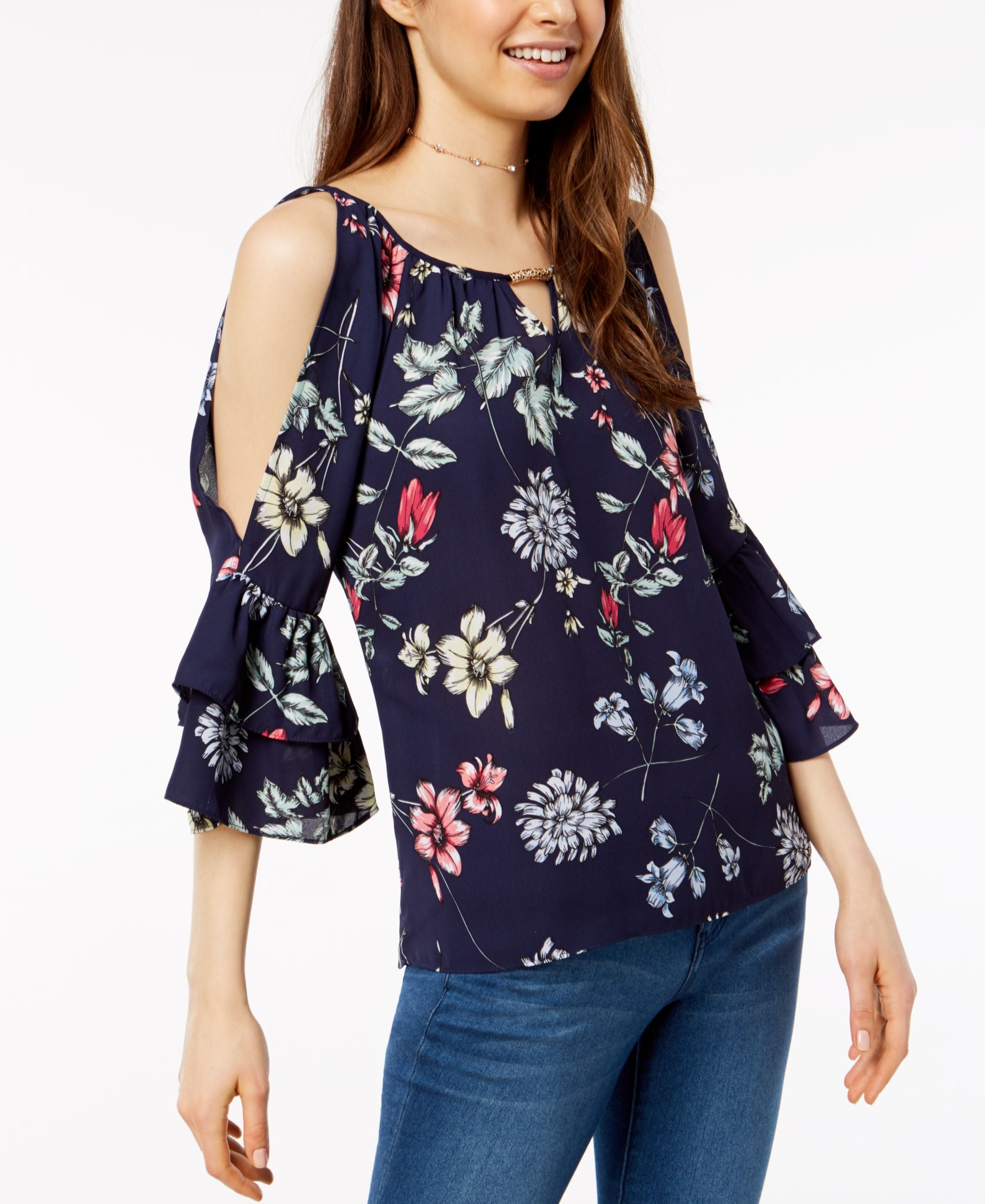 Bcx Juniors Floral Print Bell Sleeve Top