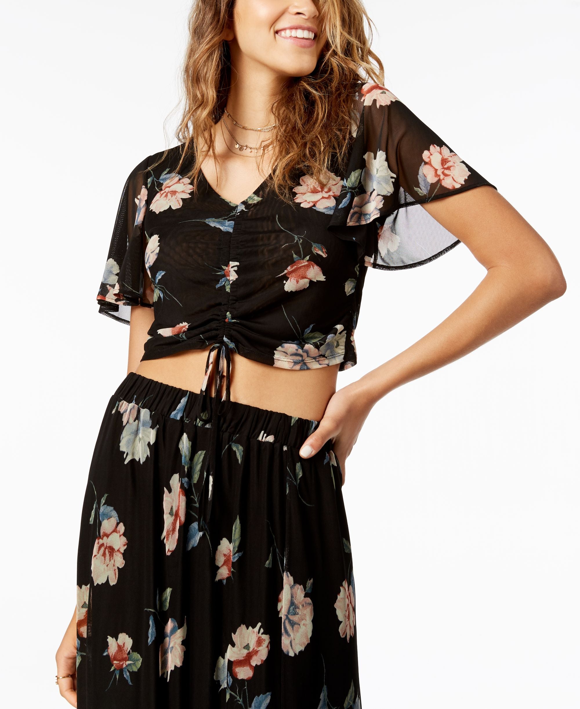 American Rag Juniors Printed Ruched Front Mesh Crop Top