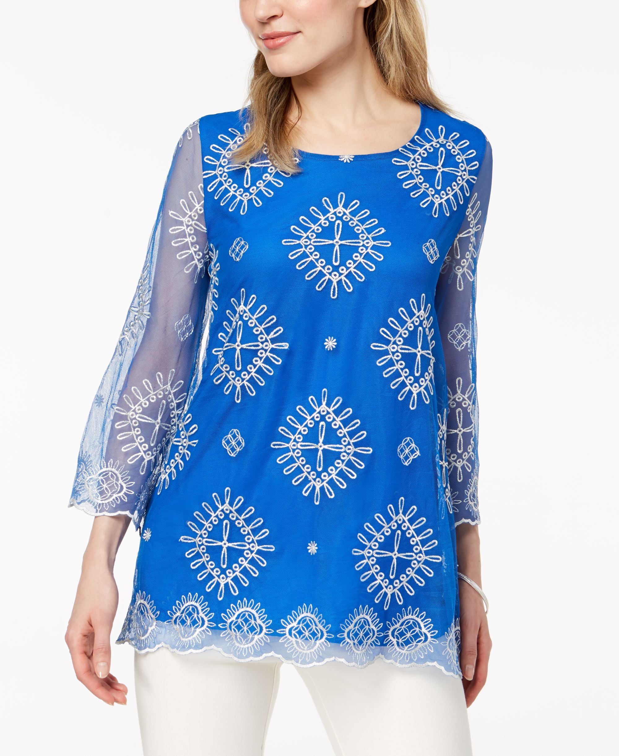Alfani Embroidered Sheer Sleeve Top