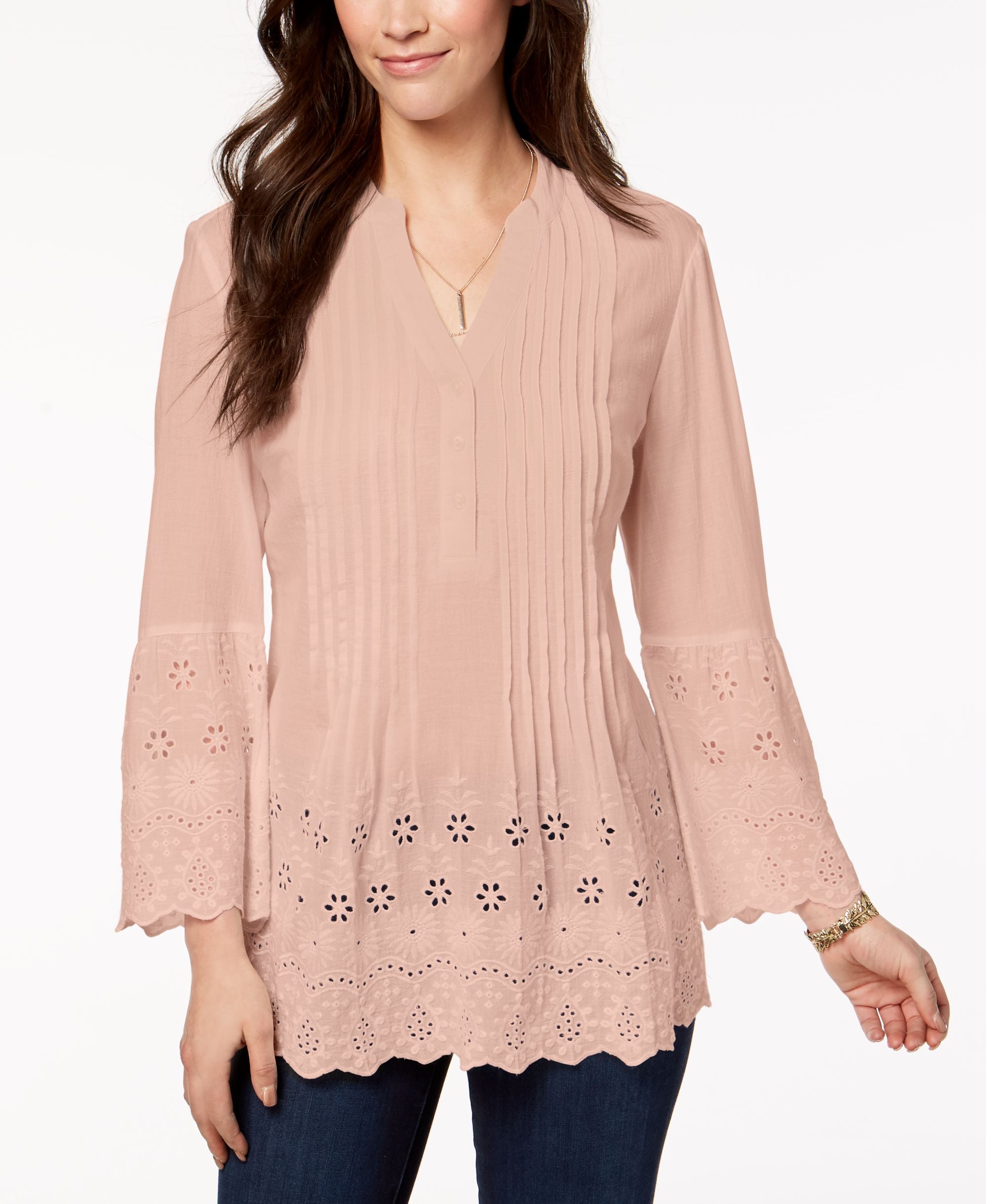 Style & Co Petite Cotton Eyelet Split Neck Top