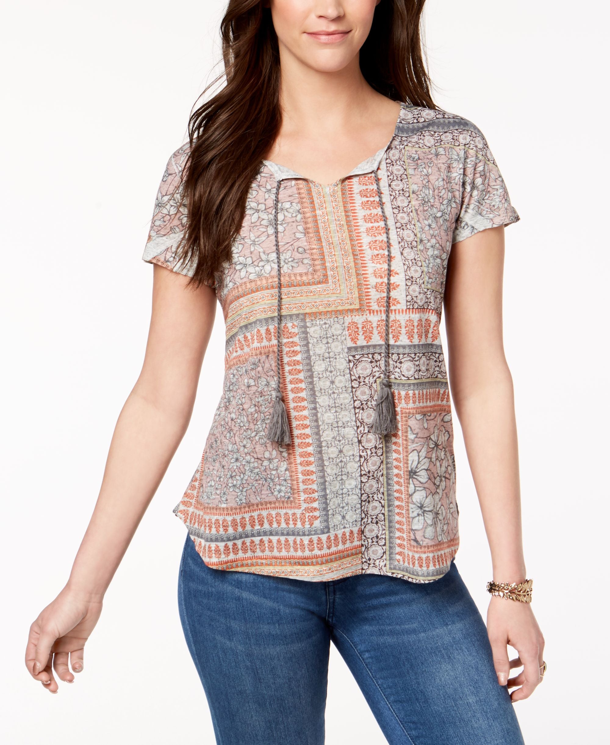 Mixed-Print Peasant Top