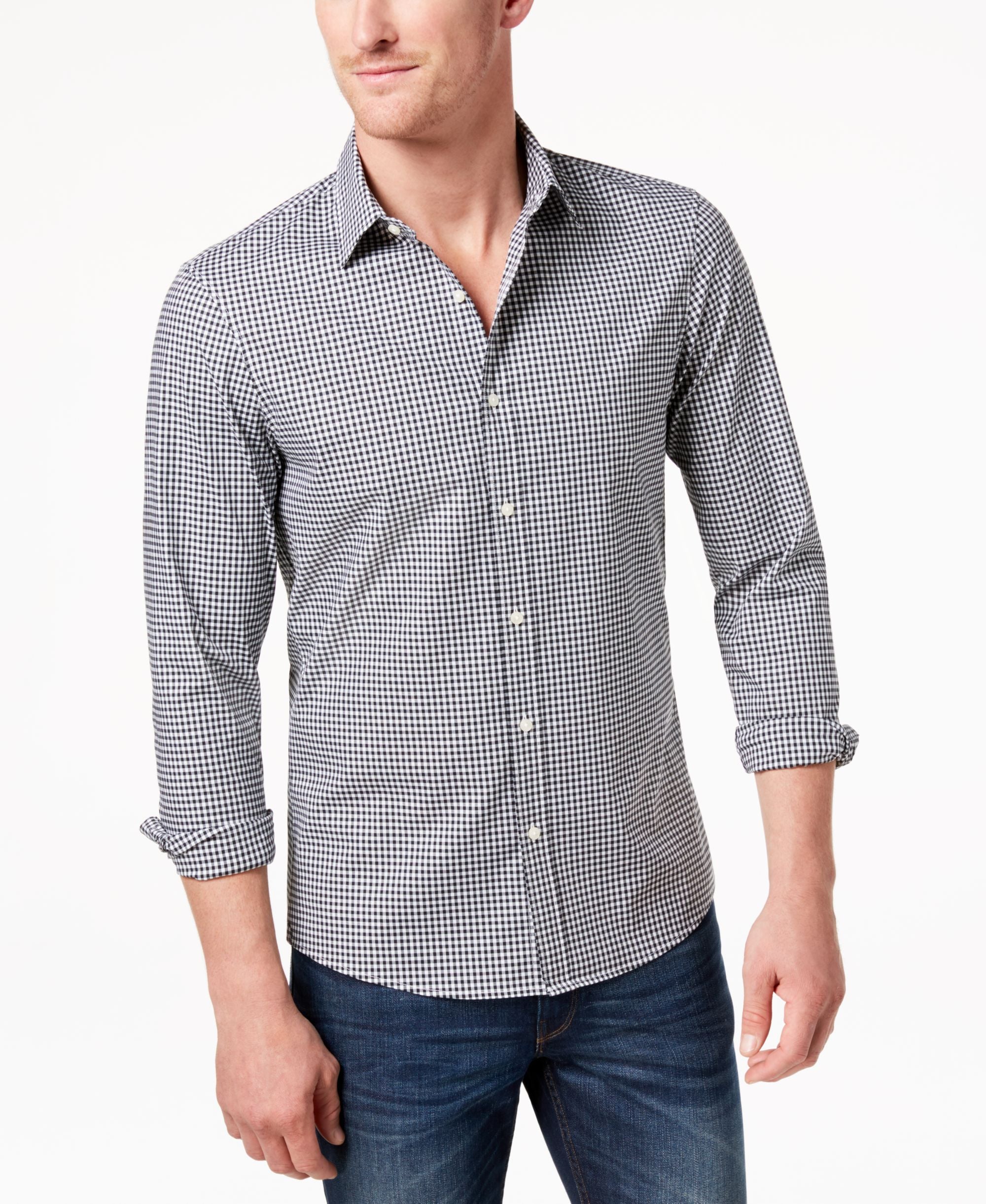 Michael Kors Mens Slim Fit Trim Stretch Gingham Shirt