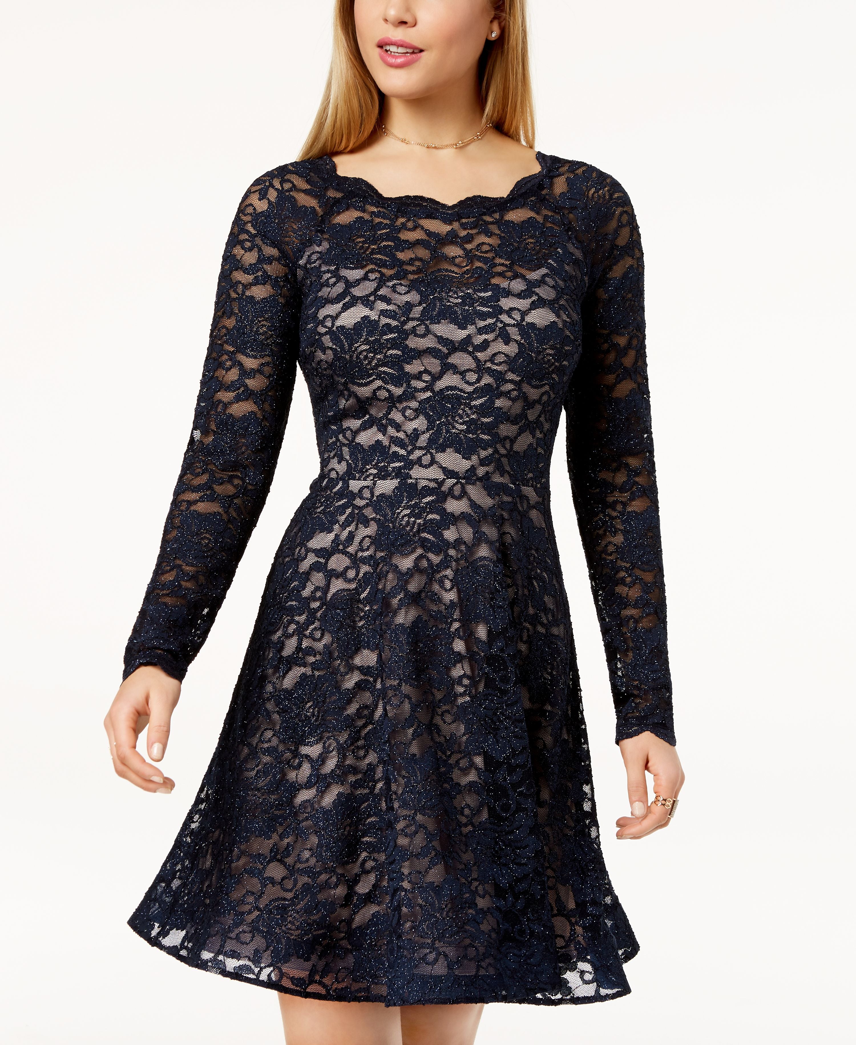 Sequin Hearts Juniors' Glitter Lace Fit & Flare Dress Navy 3