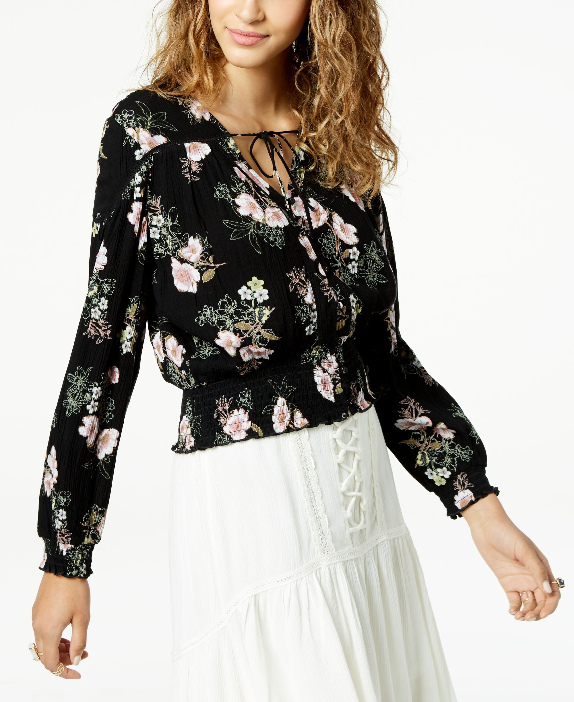 American Rag Juniors Printed Smocked Peasant Top