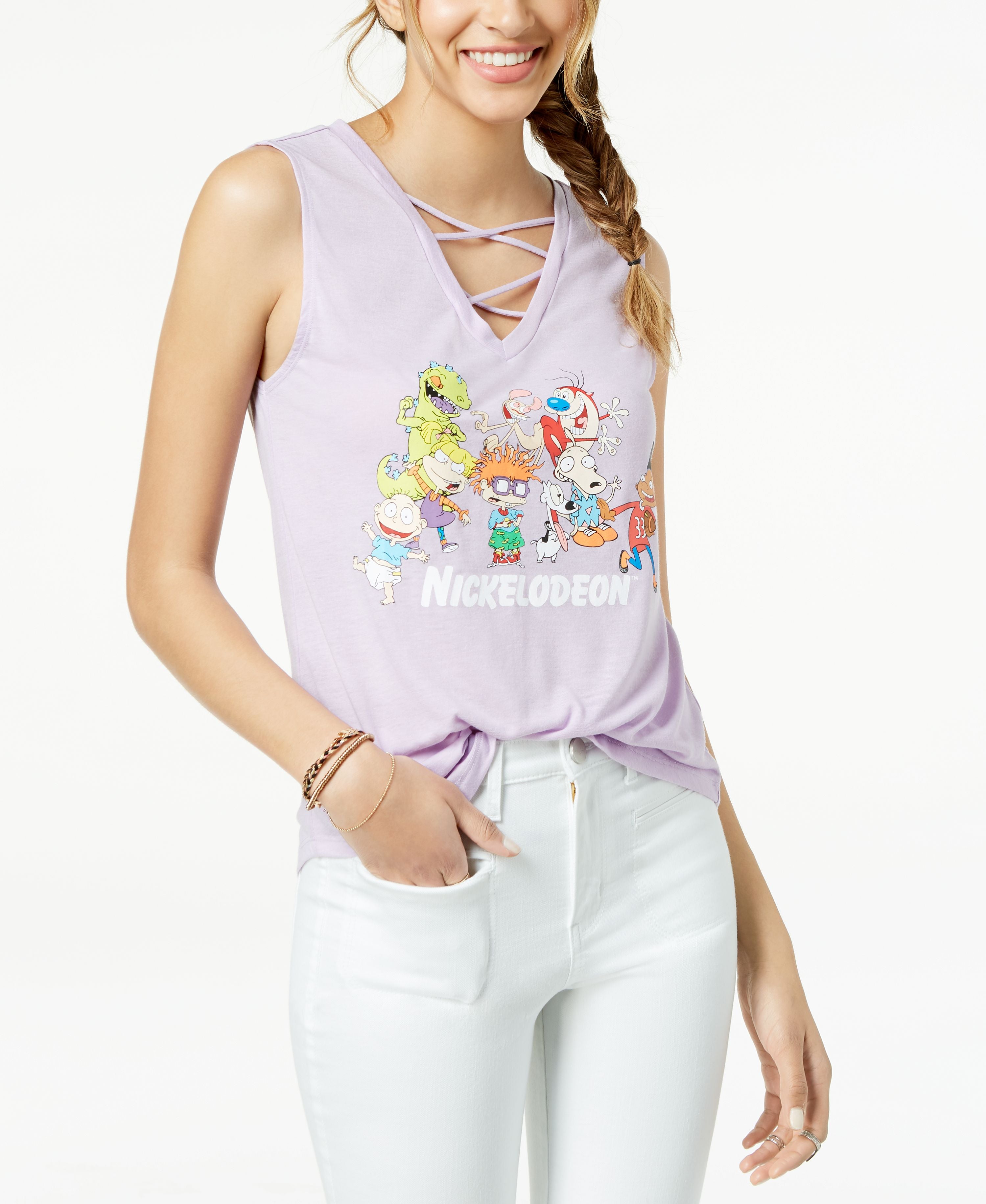 Love Tribe Womens Nickelodeon Graphic Lace-up Tank Top Lavendar S