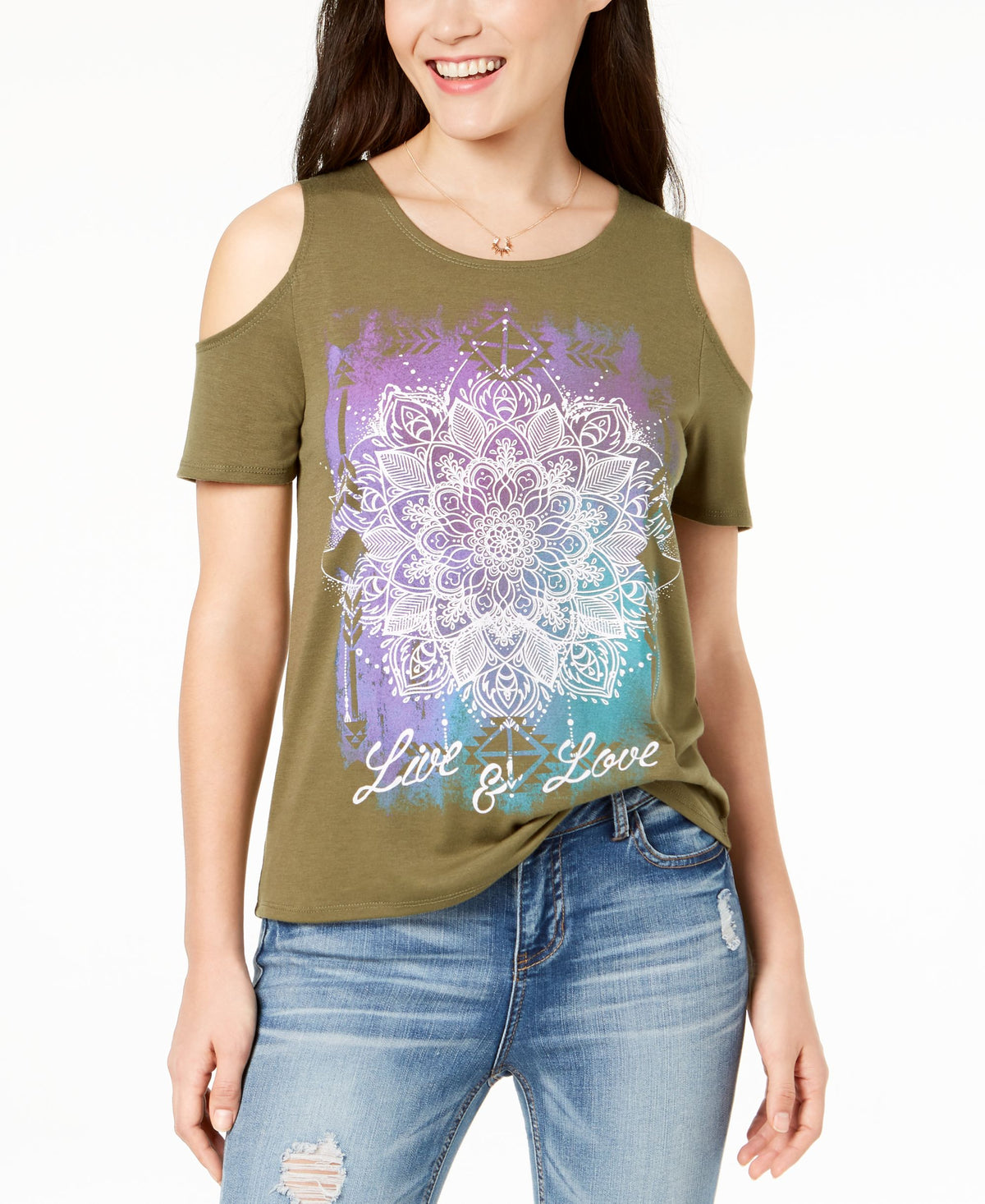 Juniors' Live Love Cold-Shoulder Graphic T-Shirt