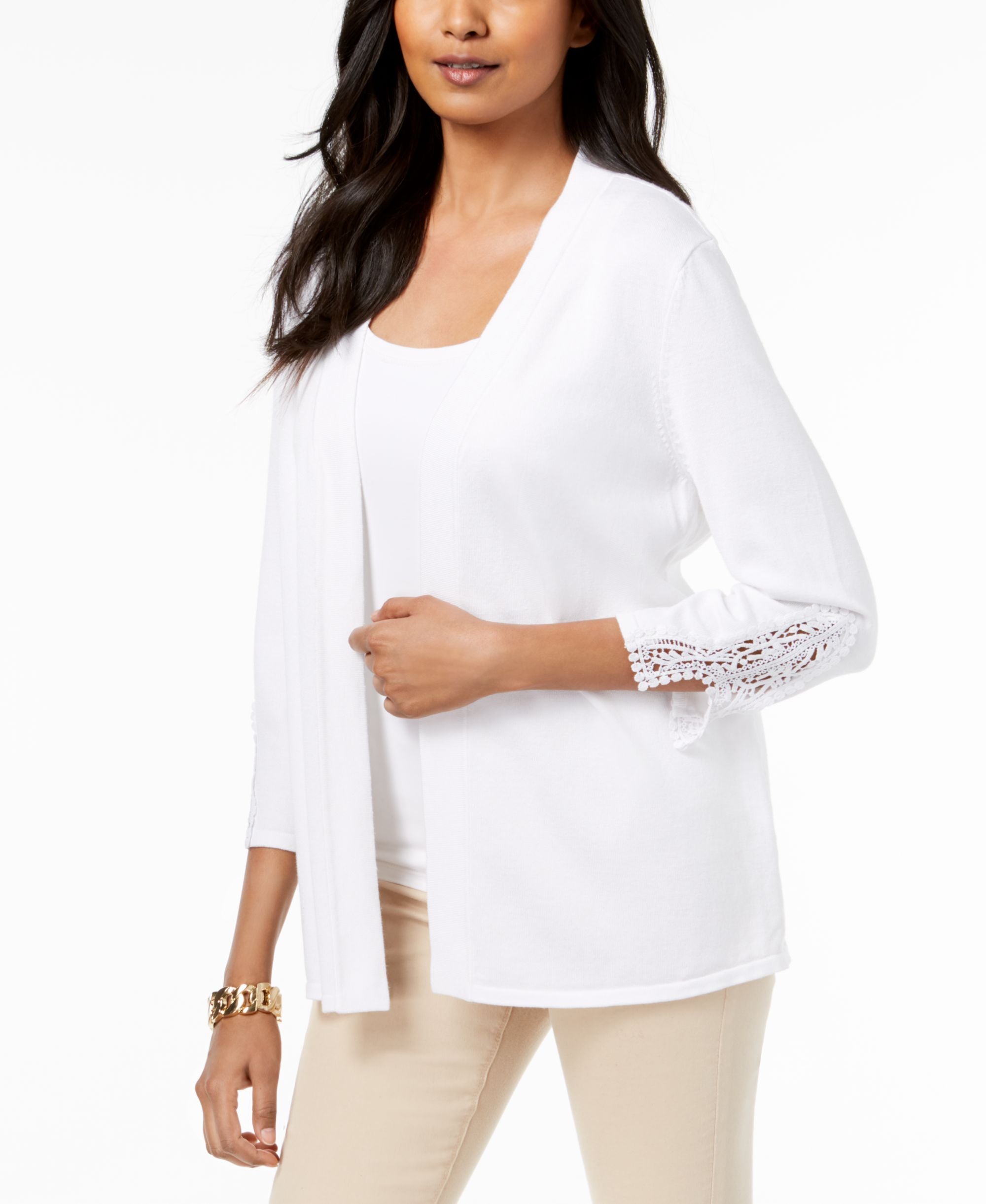 JM Collection Open Front Crochet Trim Cardigan