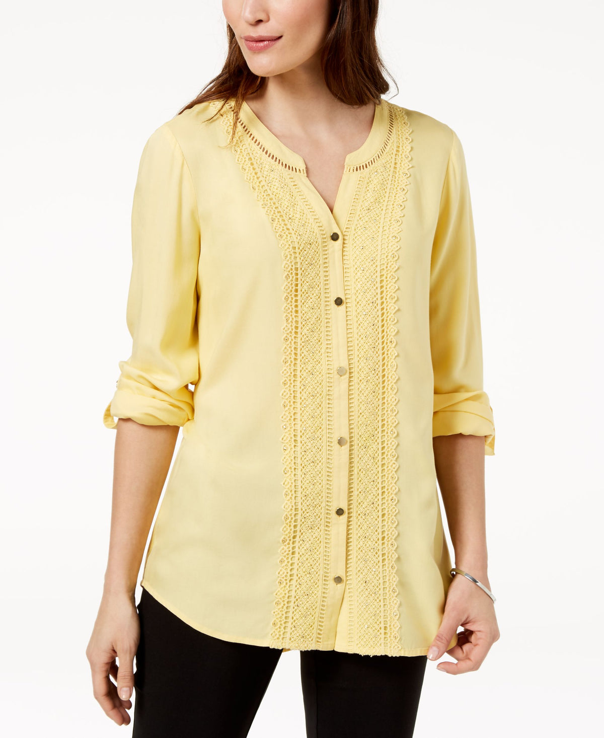JM Collection Petite Embellished Crochet Front Shirt