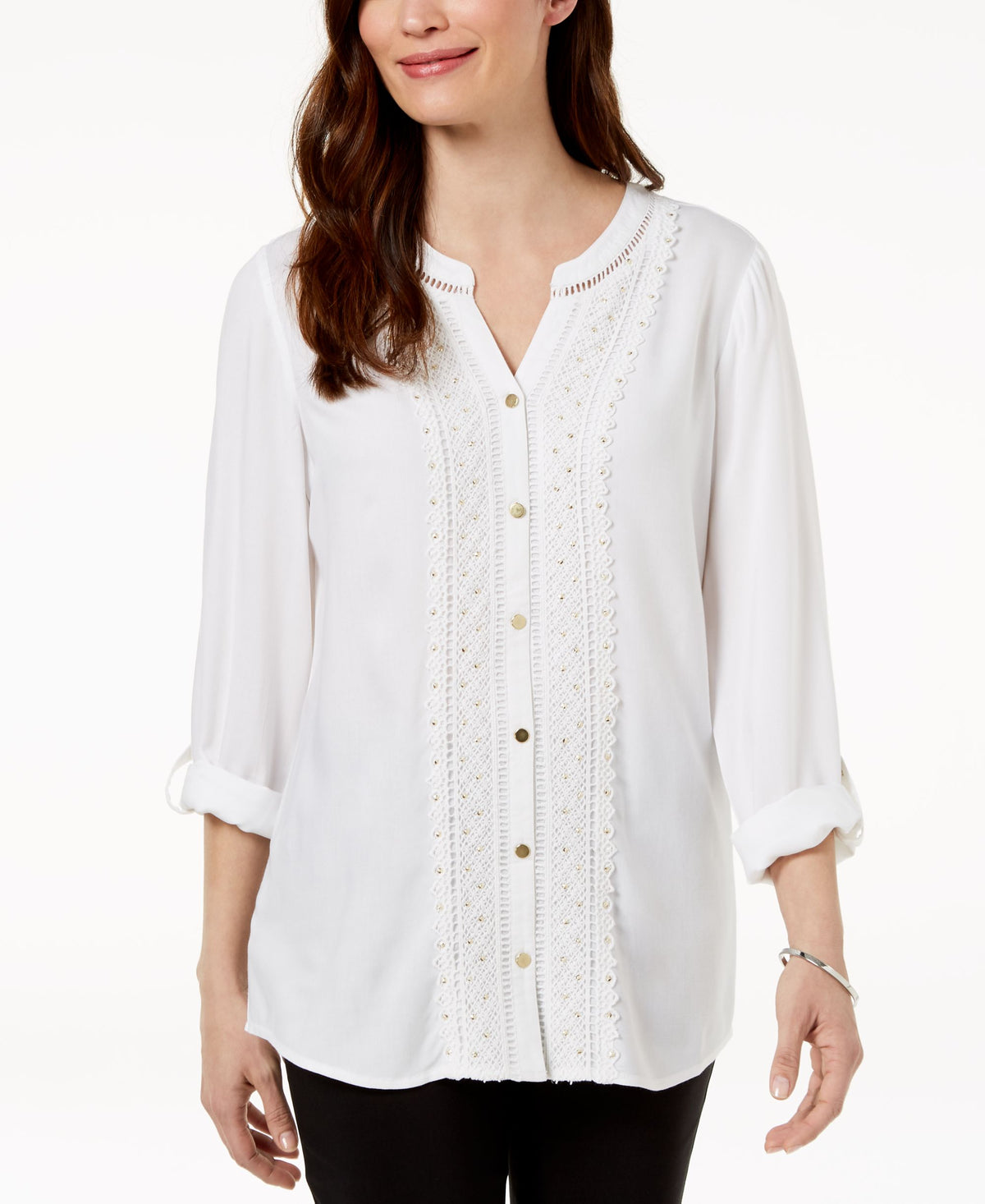 JM Collection Petite Embellished Crochet Front Shirt