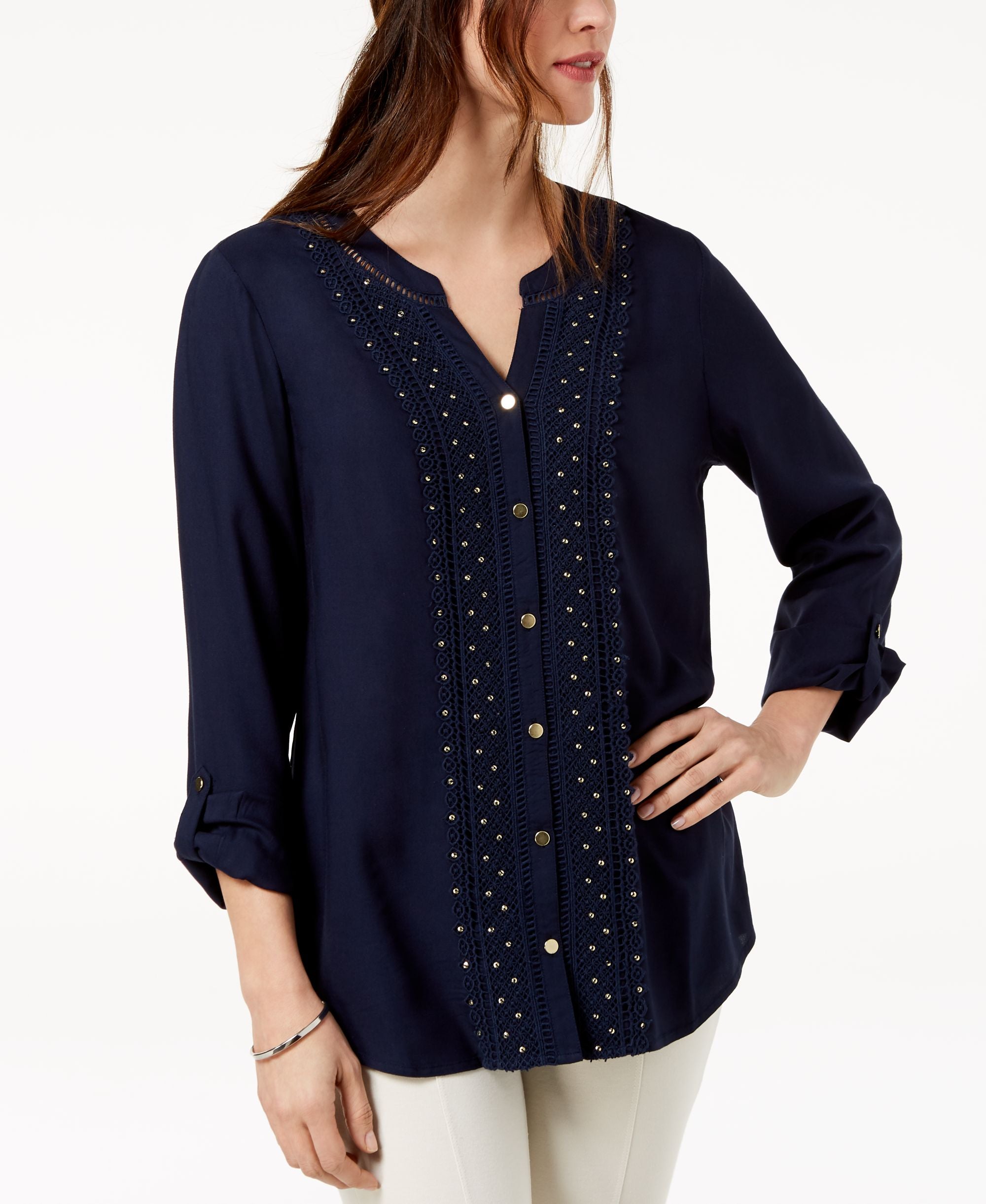 JM Collection Petite Embellished Crochet Front Shirt