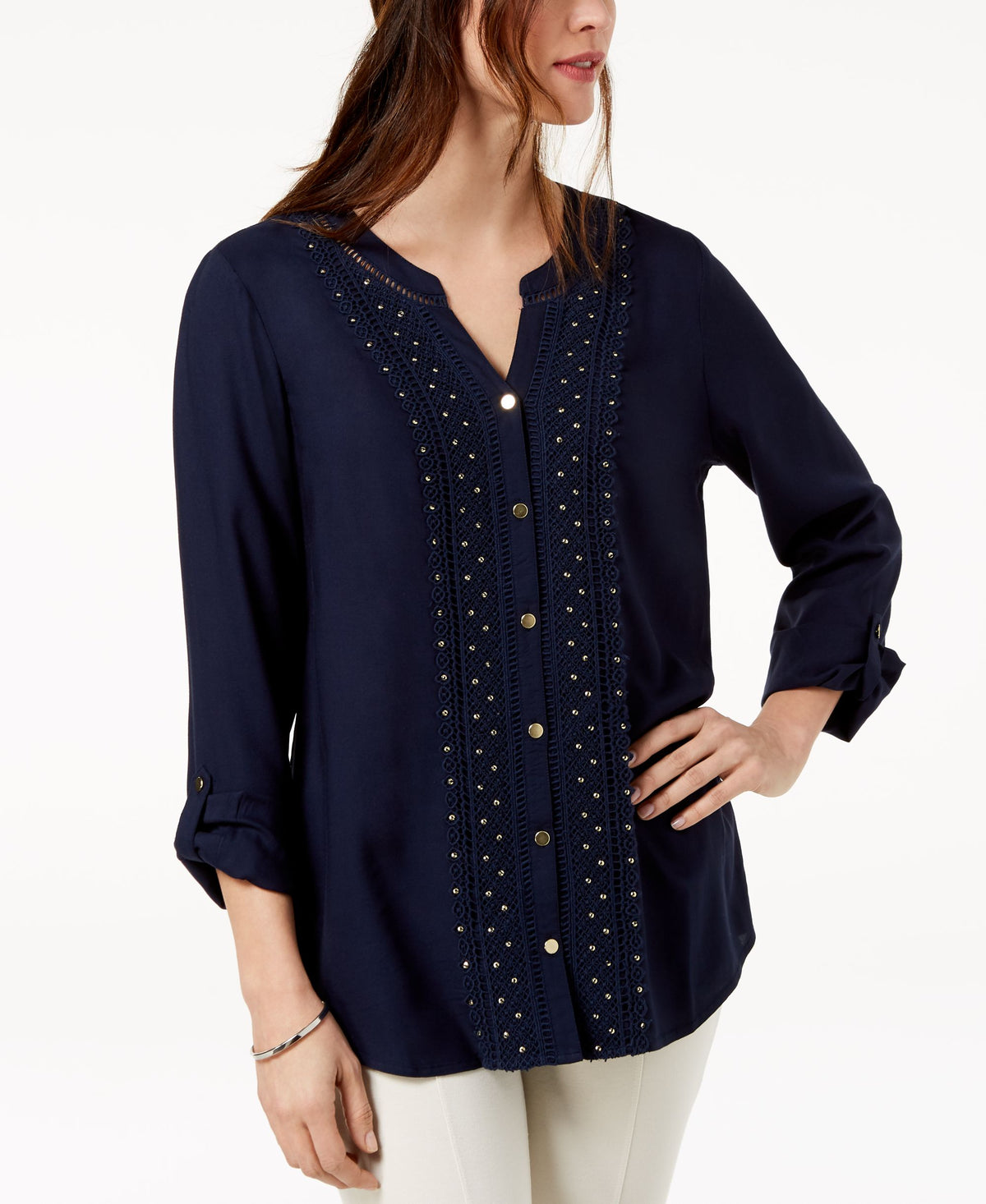 JM Collection Petite Embellished Crochet Front Shirt