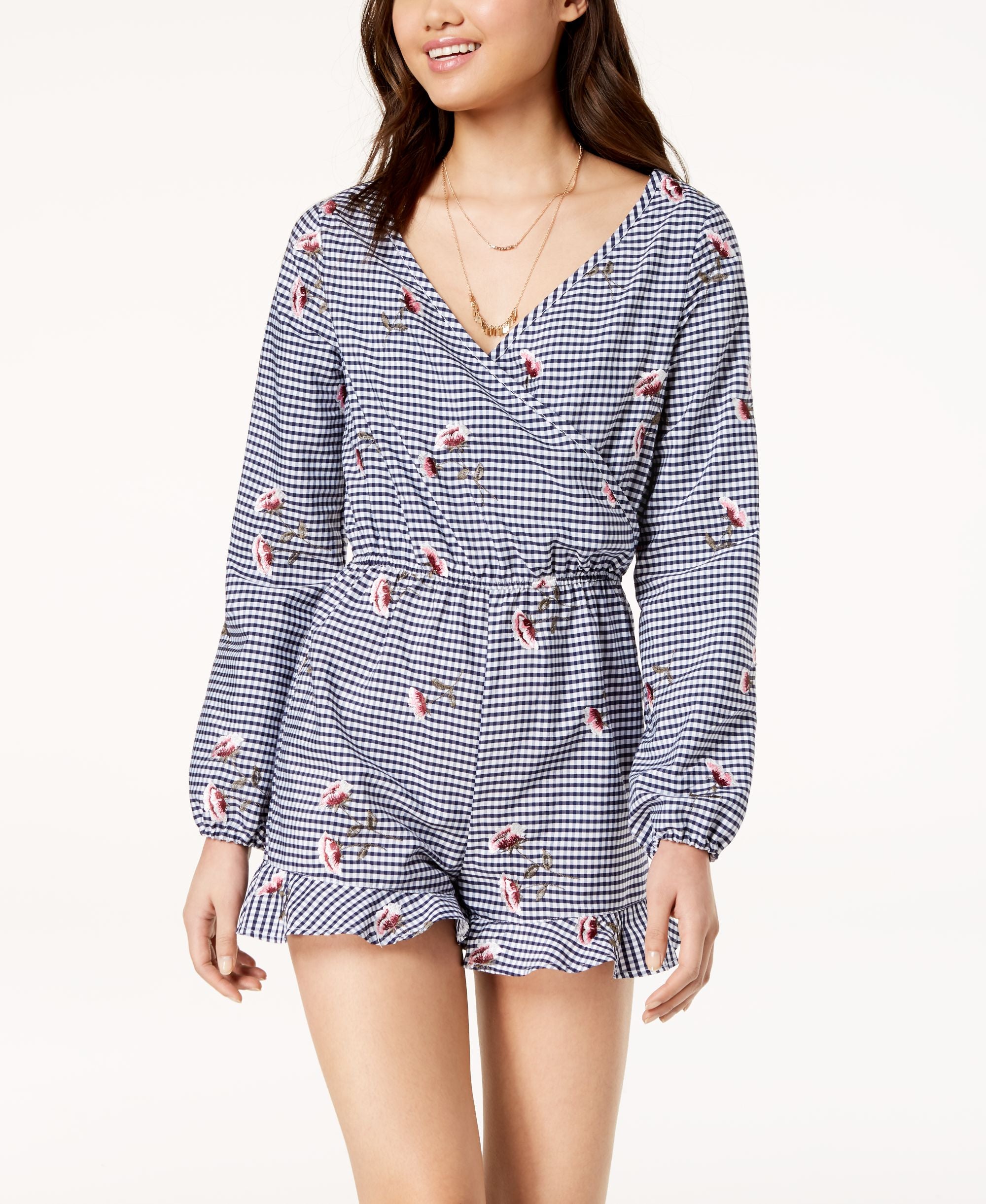 The Edit By Seventeen Juniors Embroidered Gingham Romper