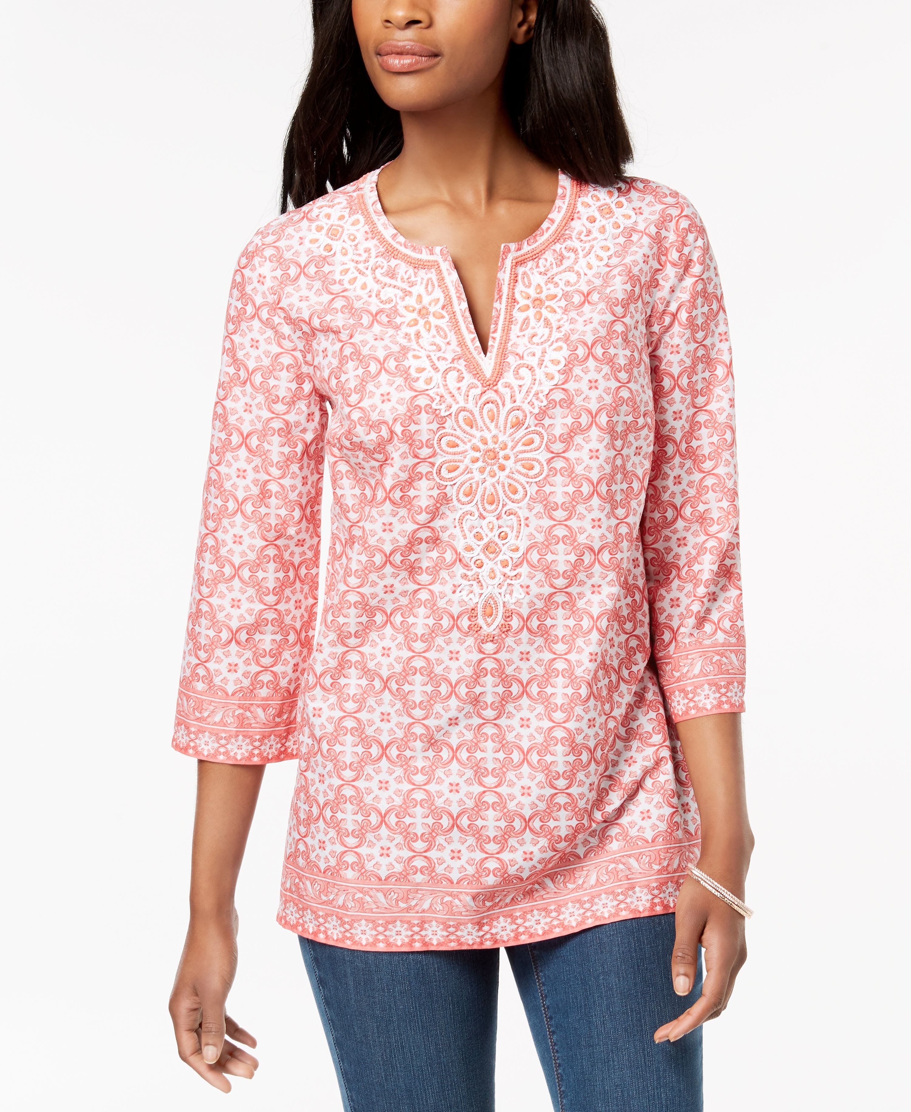 Beaded Cotton Split-Neck Tunic