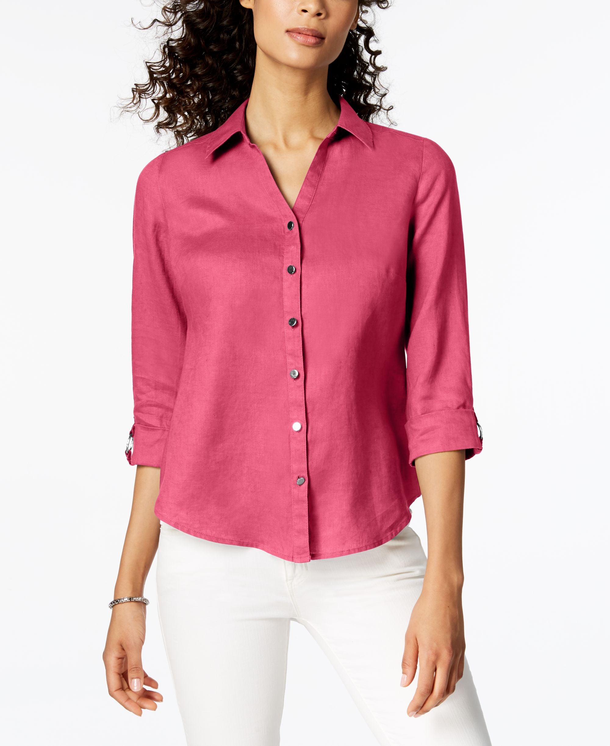 JM Collection Linen Roll Tab Shirt