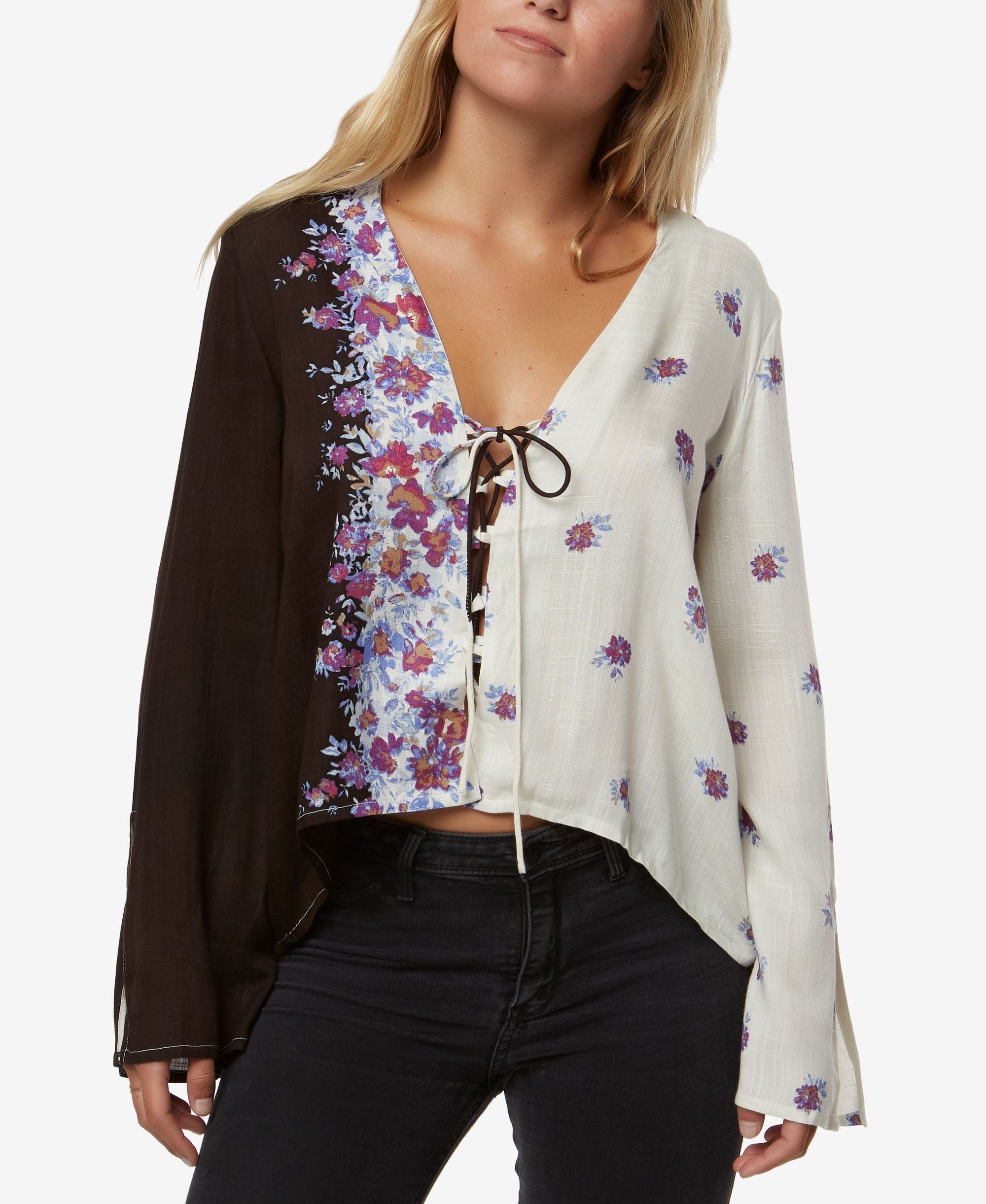 Oneill Juniors Charley Lace Up Two Tone Blouse