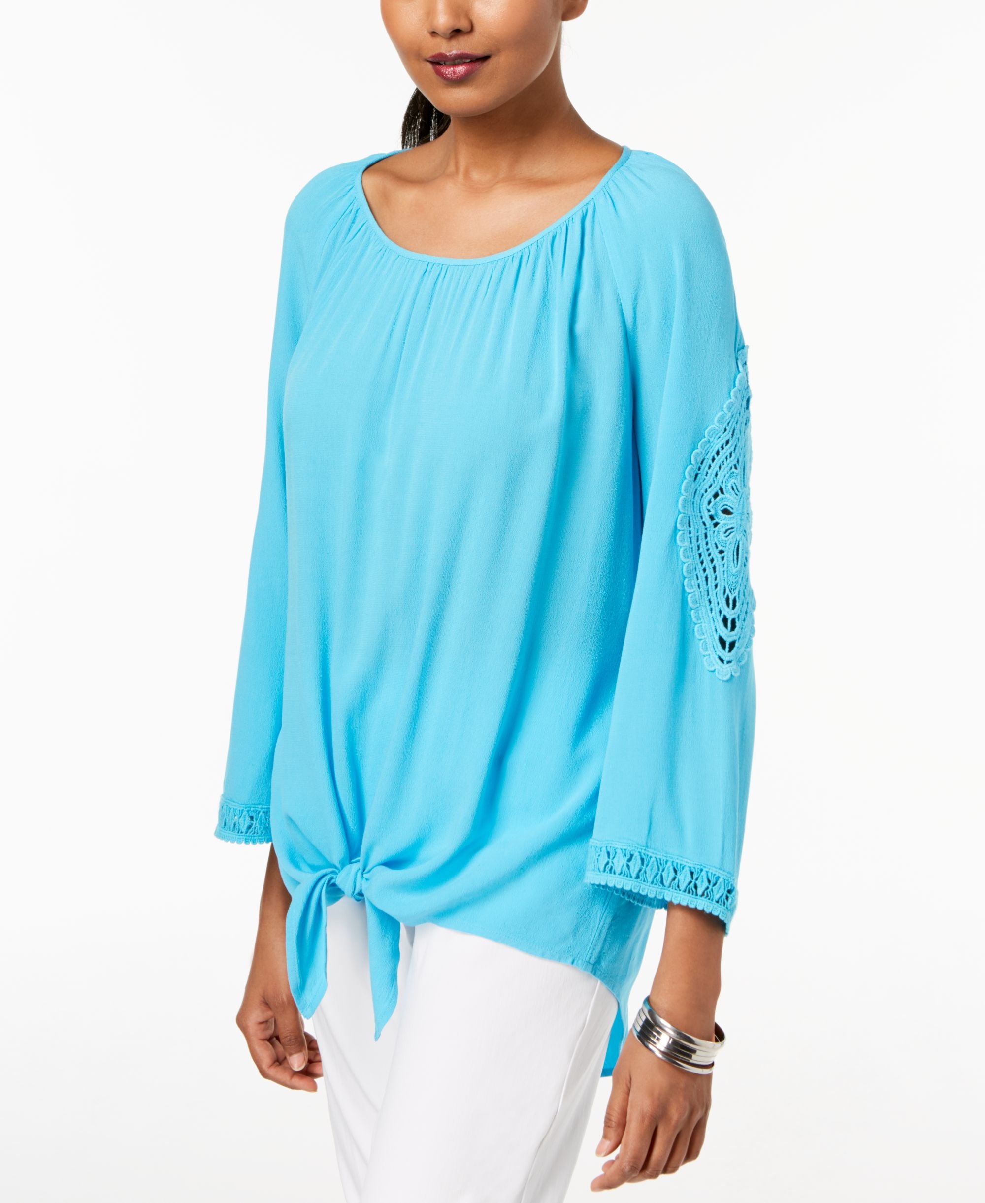 JM Collection Petite Crochet Trim Tie Front Top