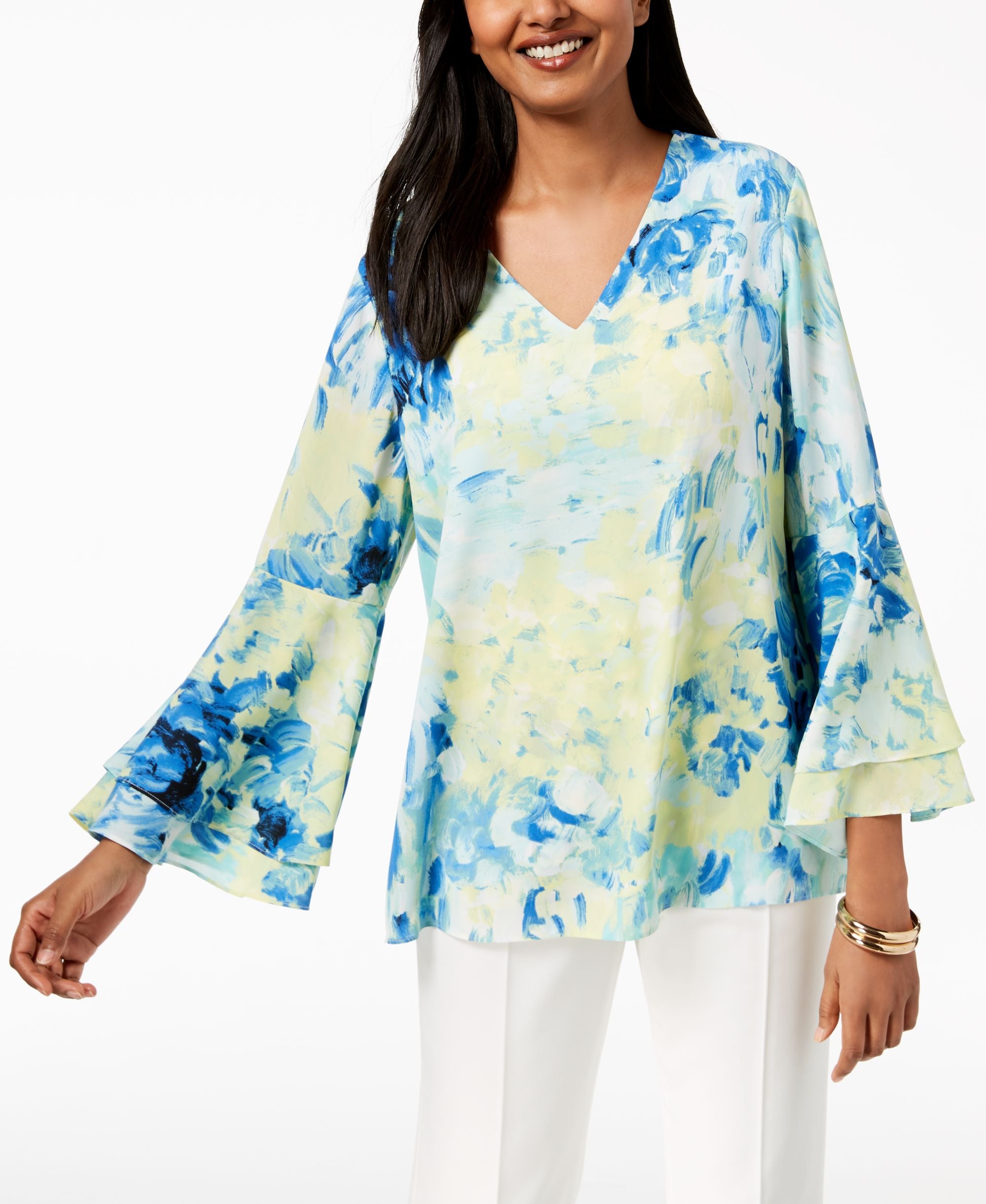 Alfani Printed V Neck Poet Sleeve Top