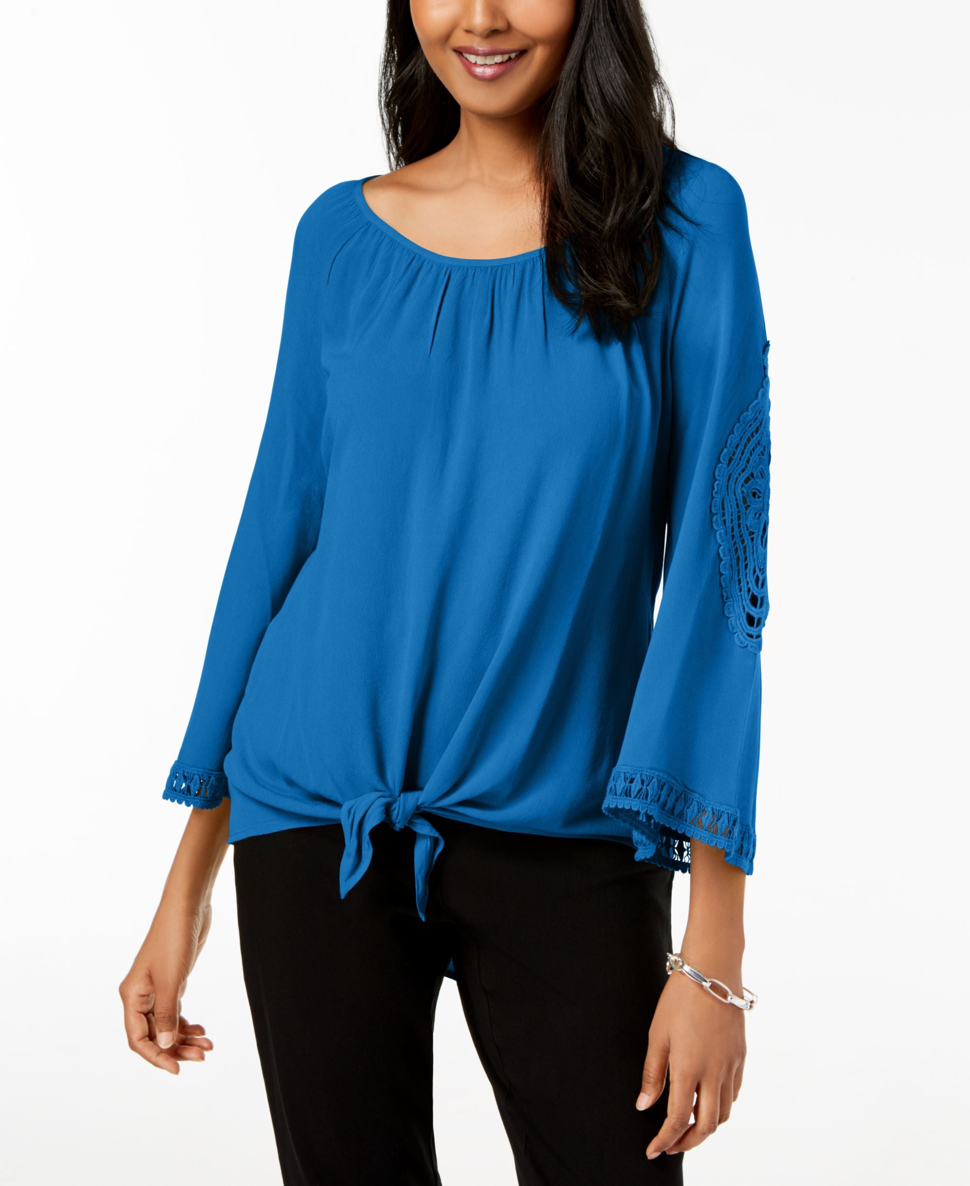 JM Collection Petite Crochet Trim Tie Front Top