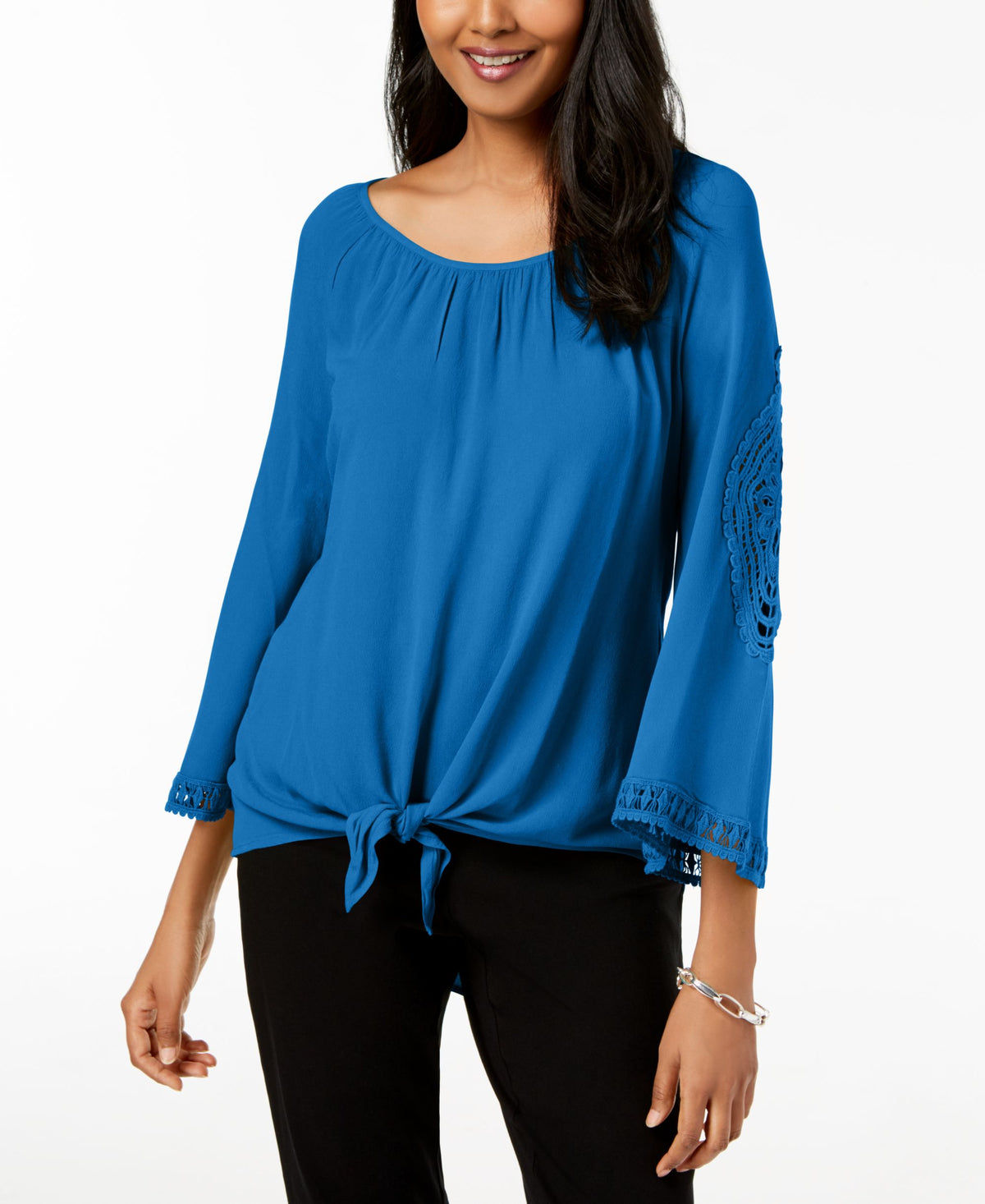 JM Collection Petite Crochet Trim Tie Front Top