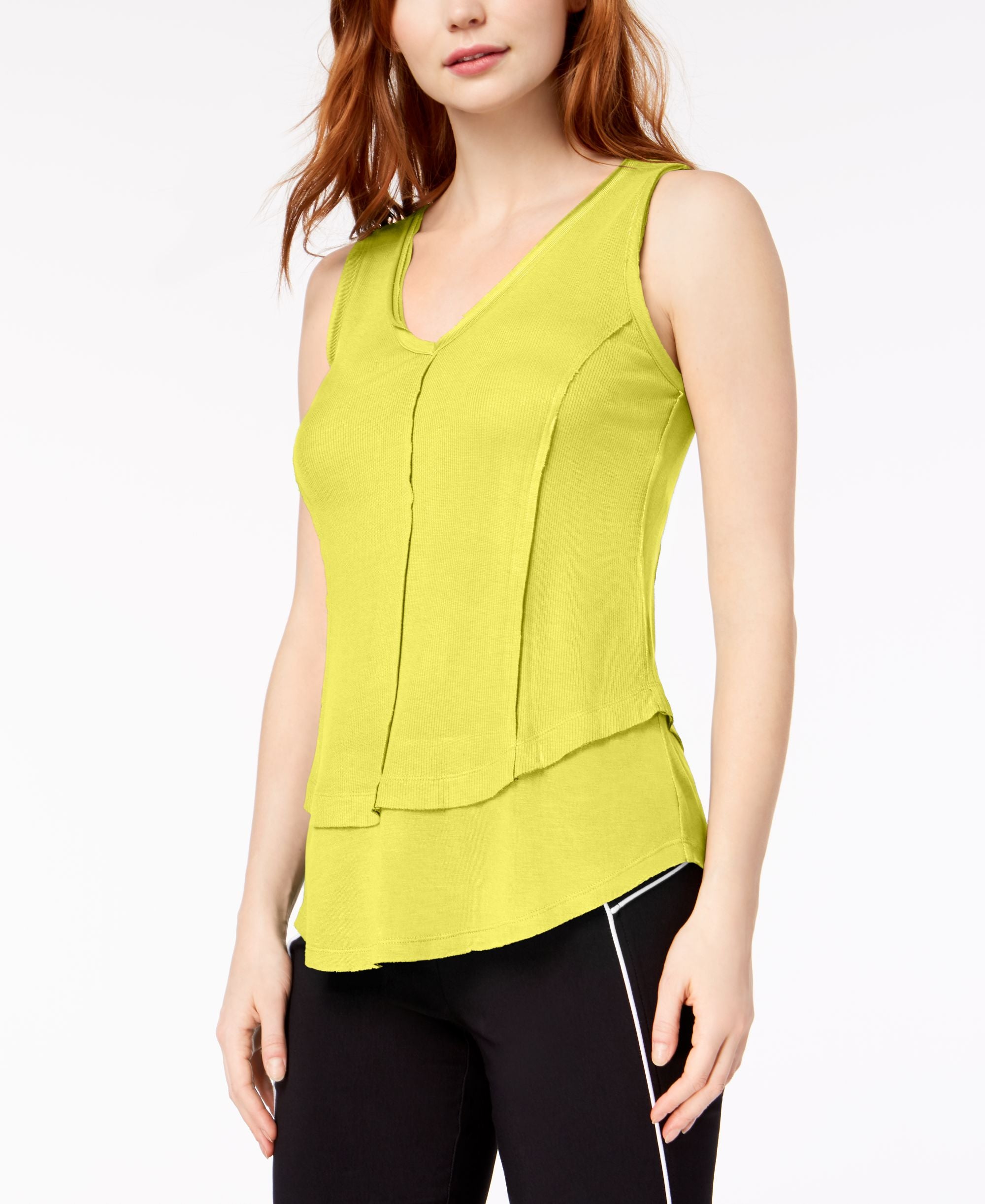 Bar III Ribbed Layered Look V Neck Top