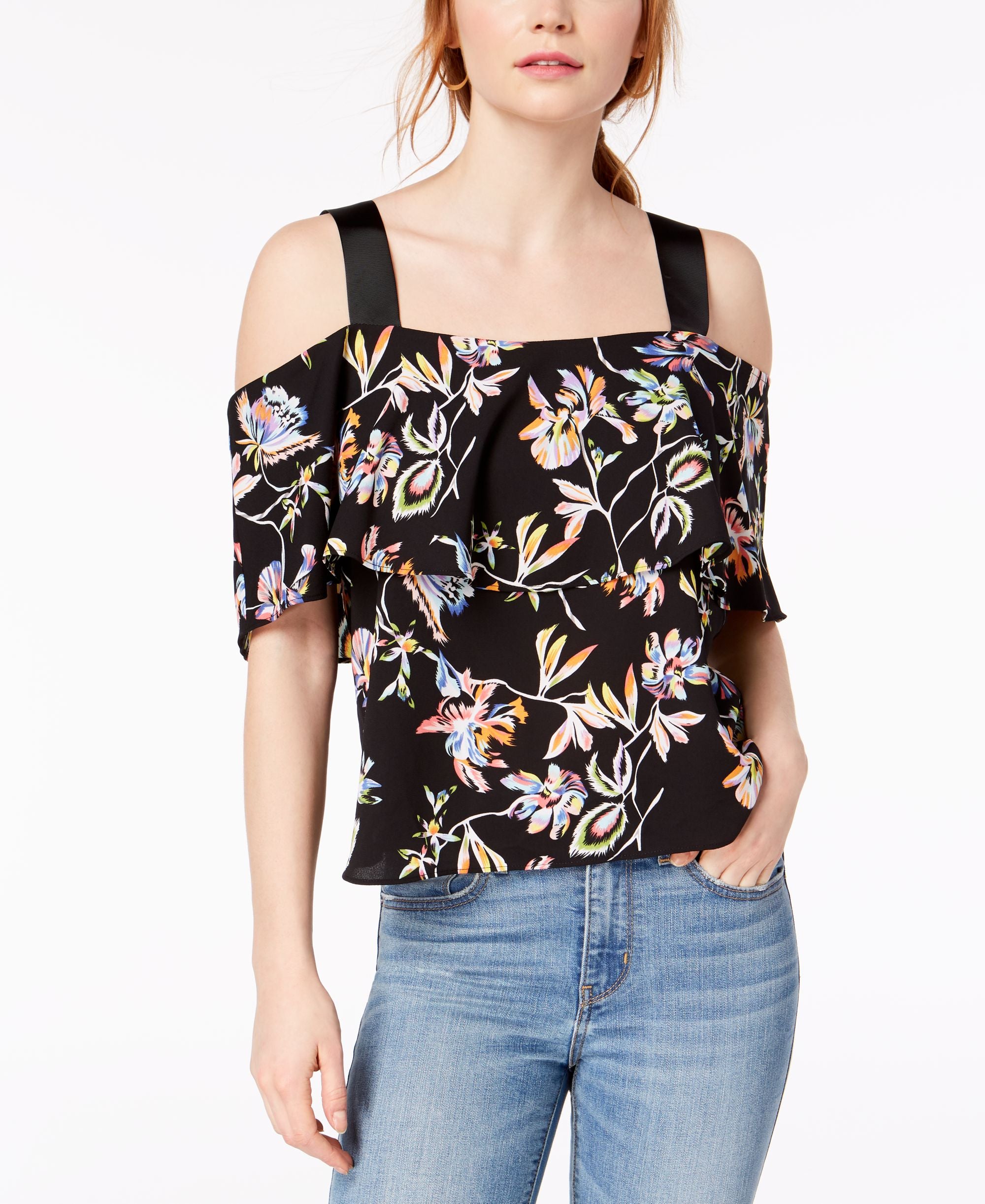 Bar III Printed Ribbon Strap Off The Shoulder Top