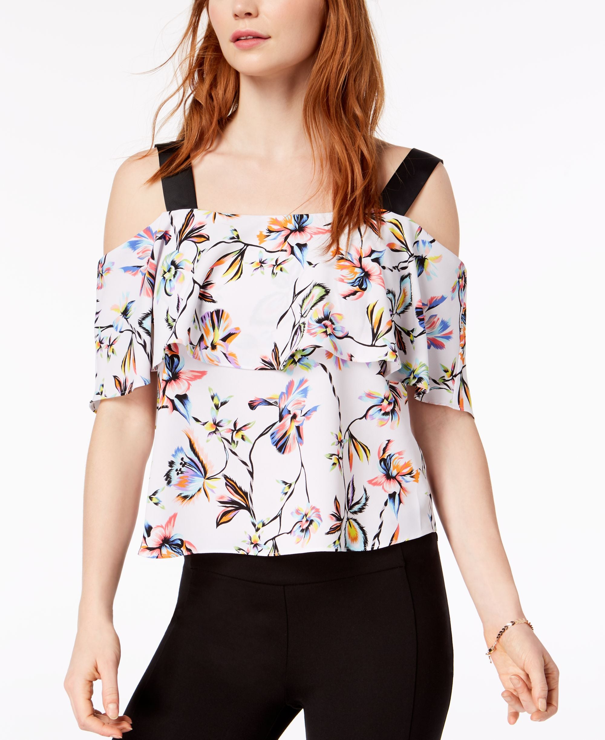 Bar III Printed Ribbon Strap Off The Shoulder Top