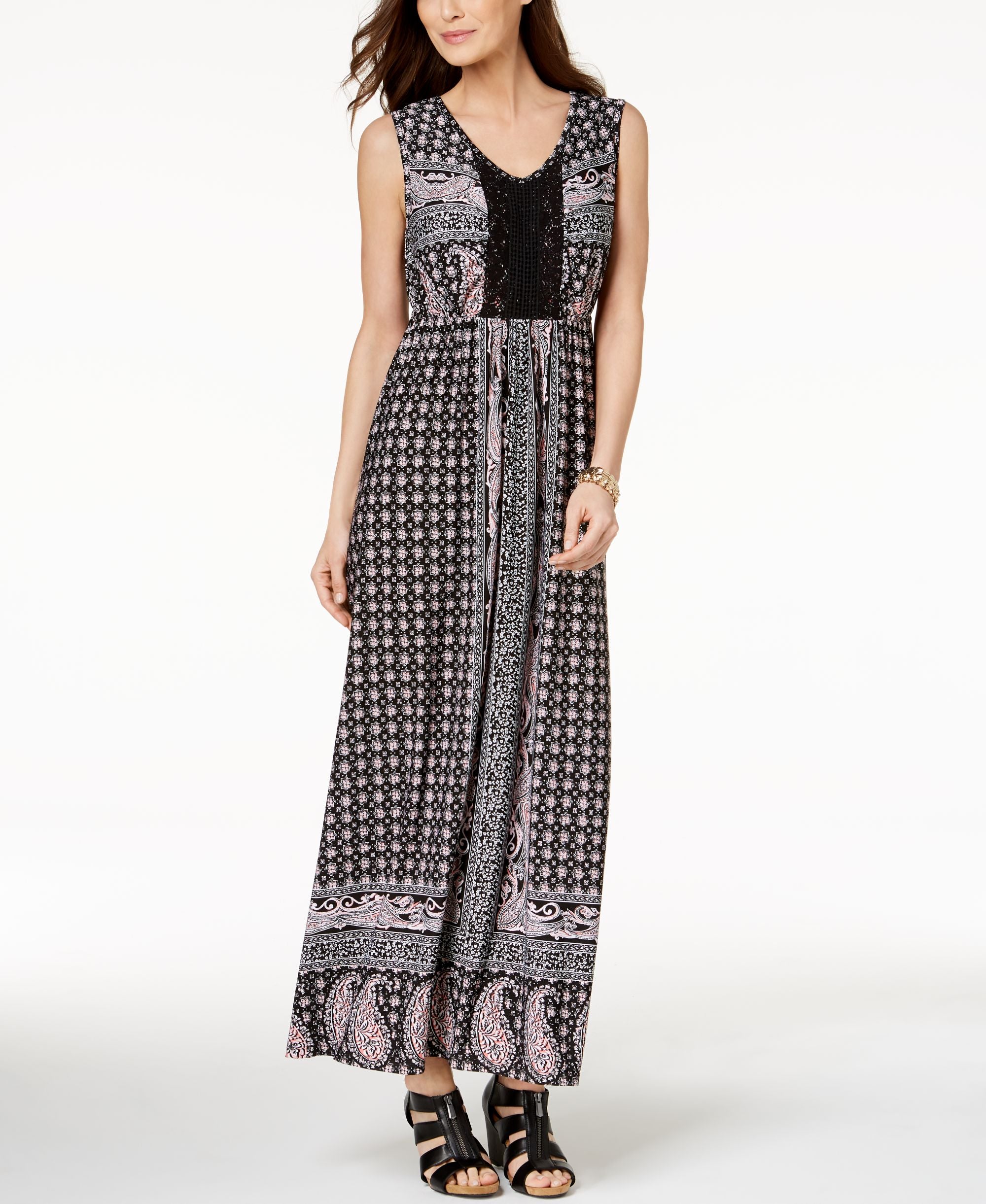 Style & Co Petite Printed Crochet Maxi Dress