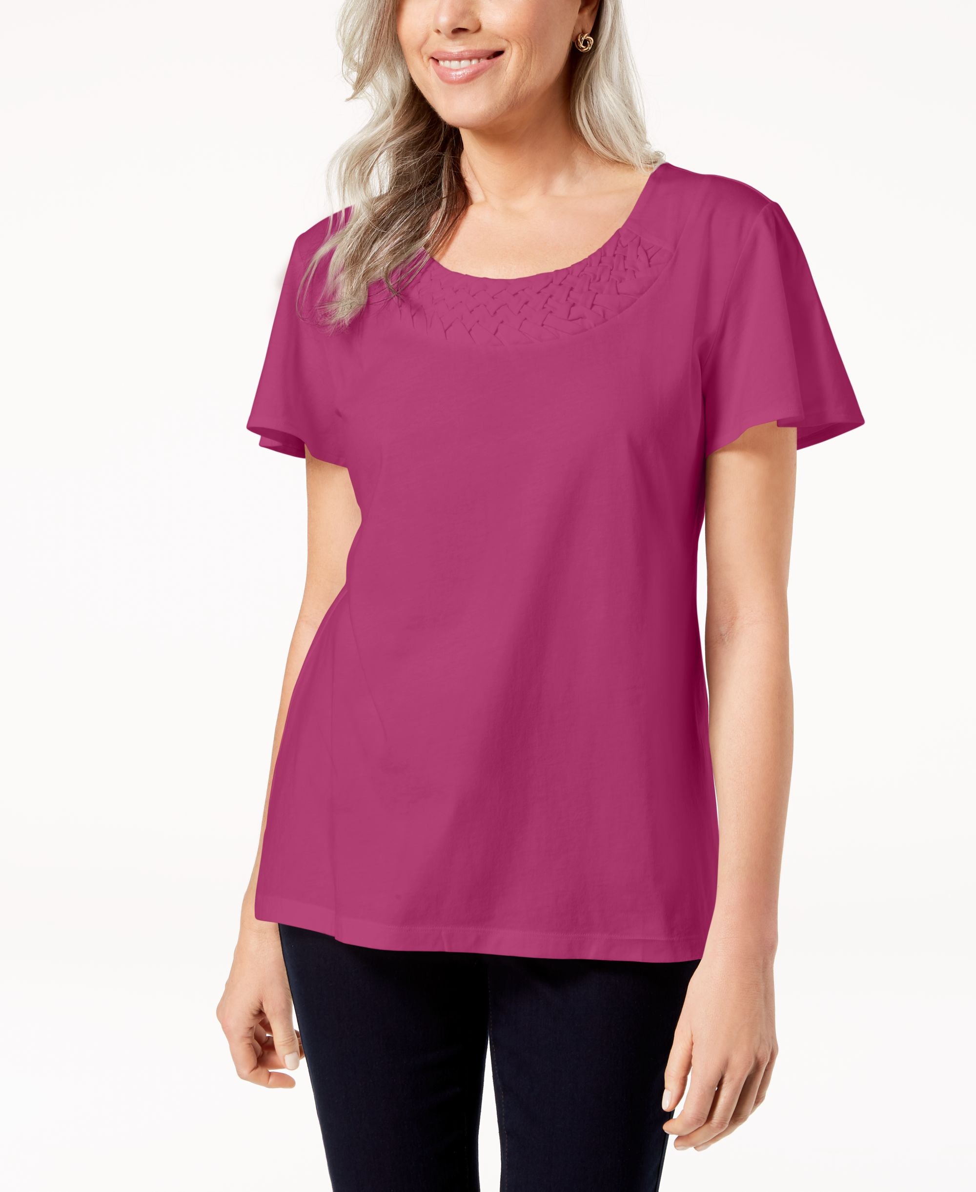 Karen Scott Petite Woven Neck Top